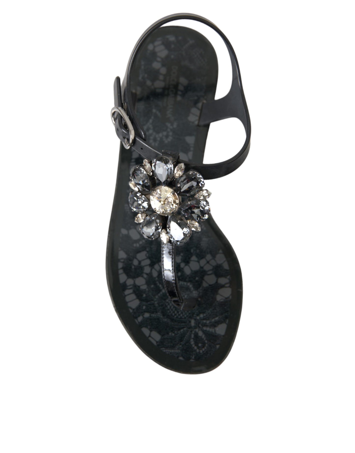 Dolce & Gabbana Black Crystal Flats Sandals Flip Flops Shoes Curated Luxury Accessories by Orvyn