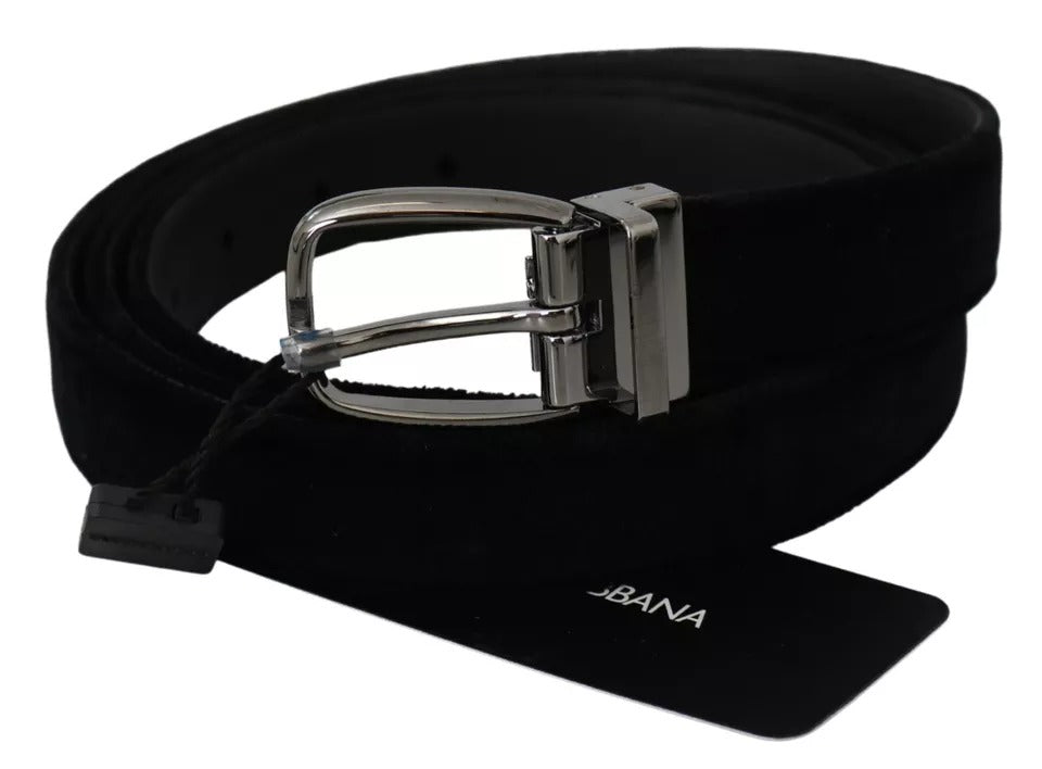 Dolce & Gabbana Black Velvet Silver Tone Metal Buckle Men Belt schwarz