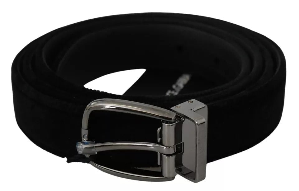 Dolce & Gabbana Black Velvet Silver Tone Metal Buckle Men Belt schwarz