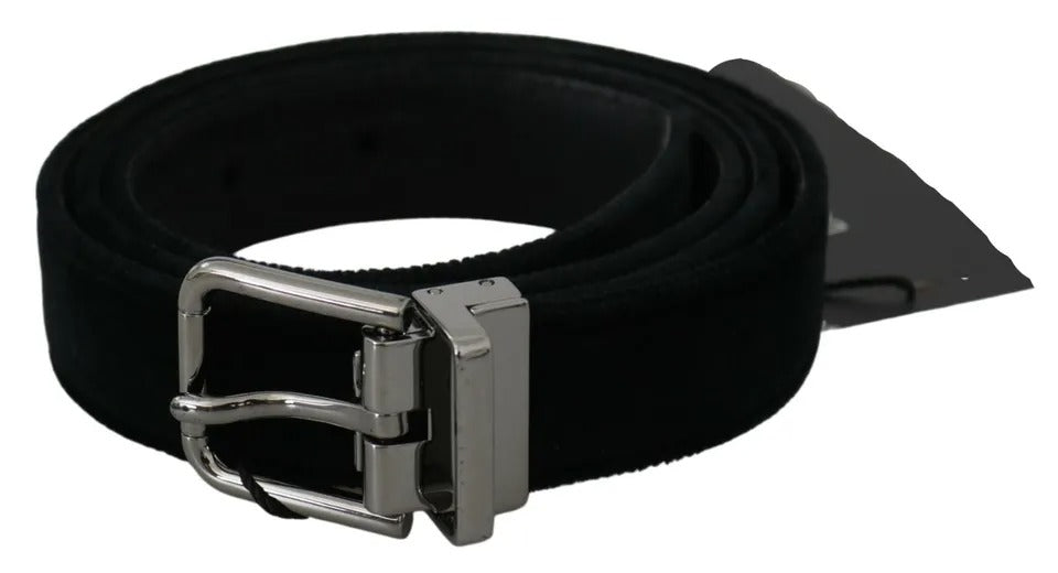 Dolce & Gabbana Black Velvet Leather Silver Buckle Belt Curated Luxury Accessories by Orvyn