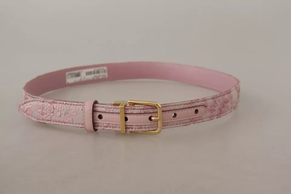Dolce & Gabbana Pink Jaquard Embroidered Gold Tone Metal Buckle Belt rot