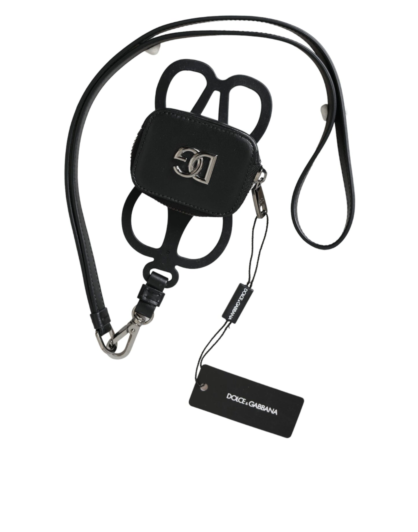 Dolce & Gabbana Black Calfskin Leather DG Logo Coin Purse Lanyard Wallet Curated Luxury Accessories by Orvyn