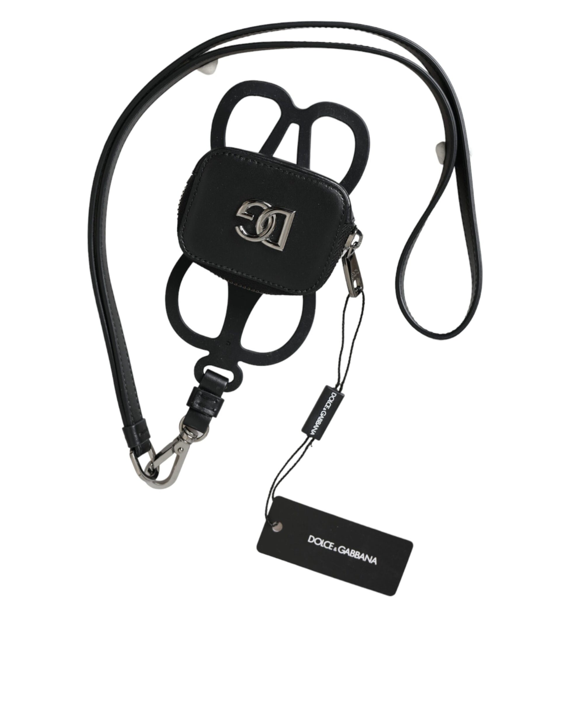 Dolce & Gabbana Black Calfskin Leather DG Logo Coin Purse Lanyard Wallet Curated Luxury Accessories by Orvyn