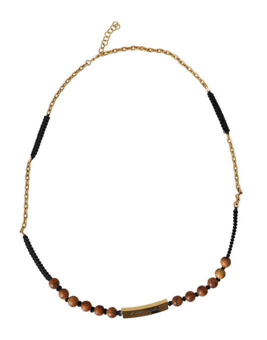 Dolce & Gabbana Black Gold Wooden Beaded Logo Pendant Curated Luxury Accessories by Orvyn