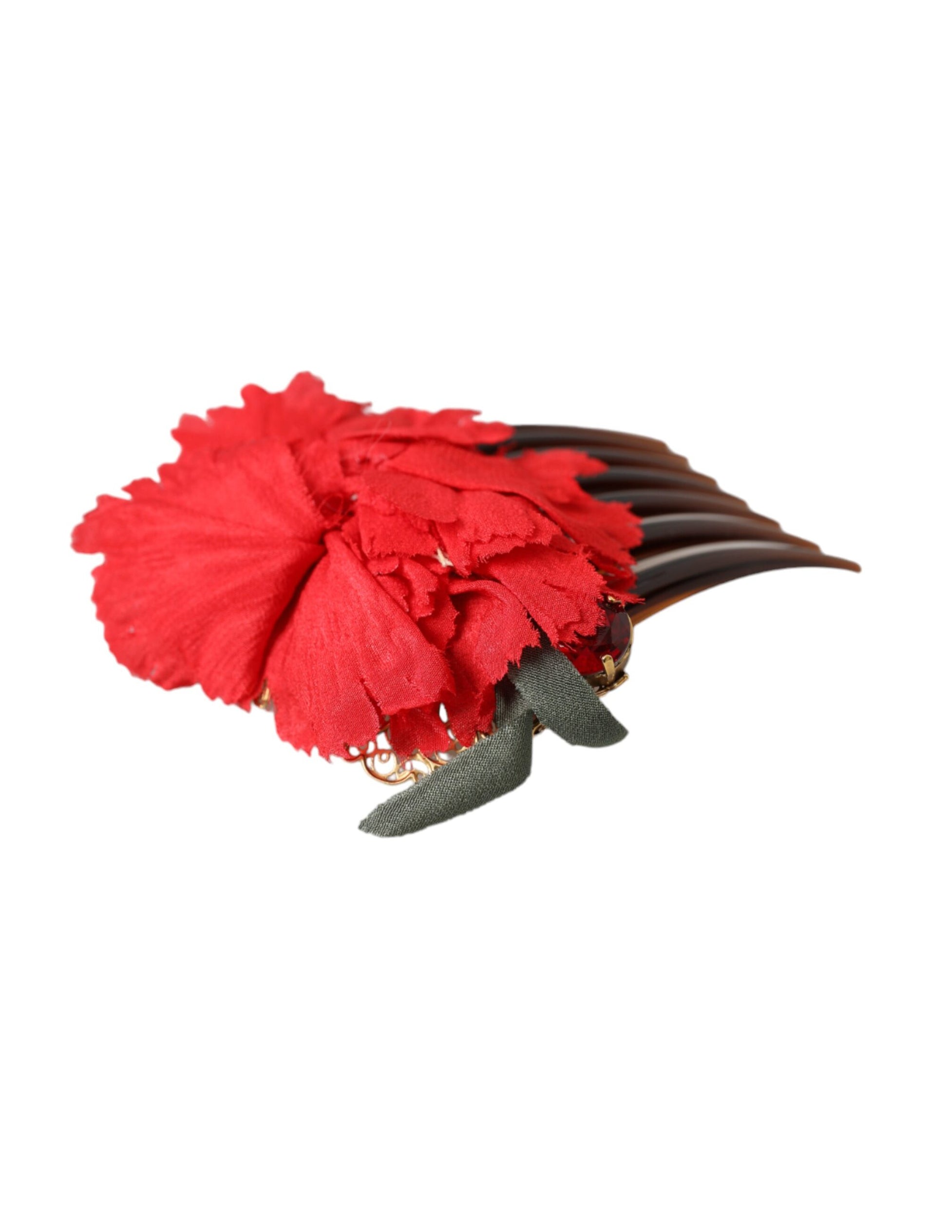 Dolce & Gabbana Red Silk Floral Gold Brass Women Hair Comb Curated Luxury Accessories by Orvyn