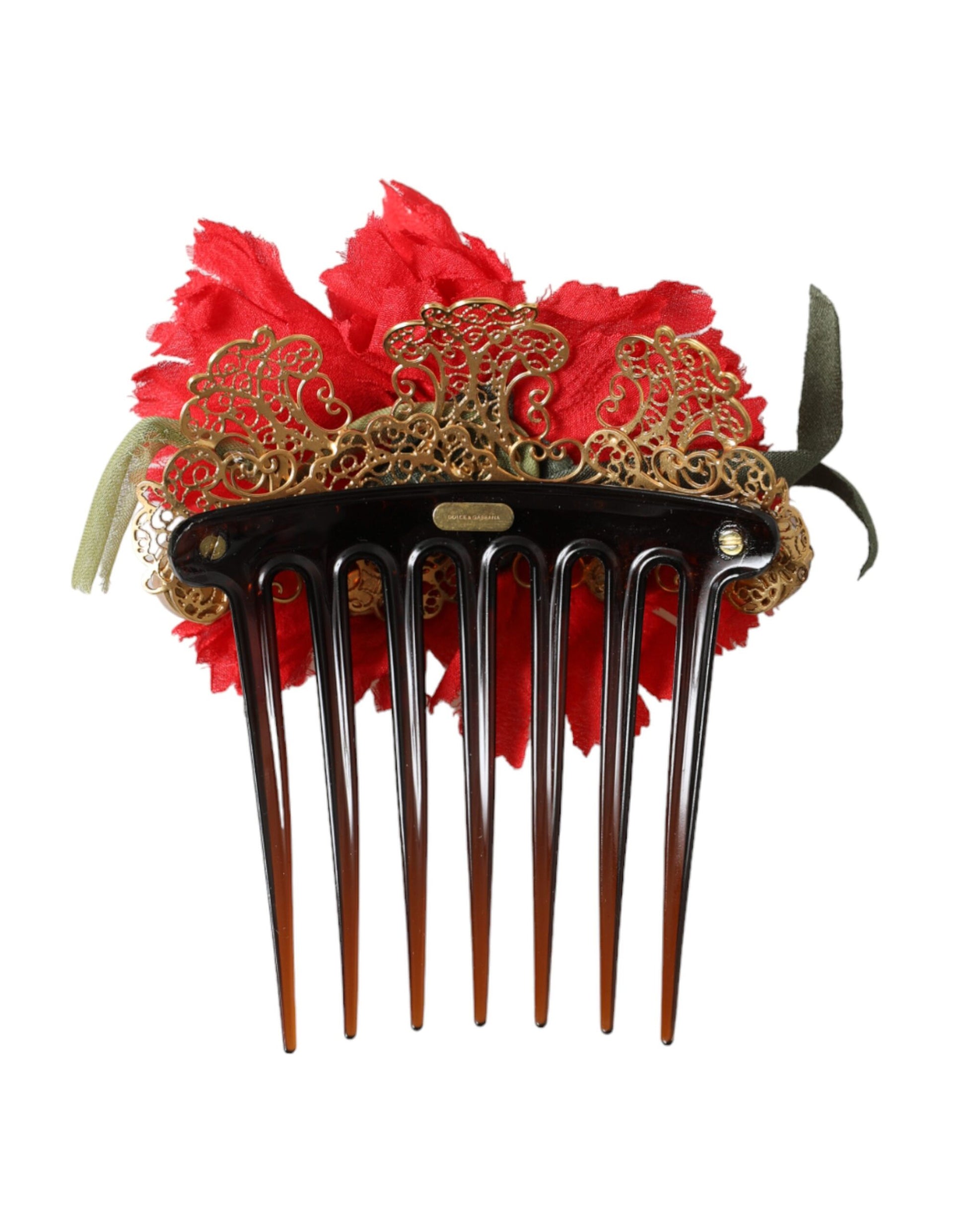 Dolce & Gabbana Red Silk Floral Gold Brass Women Hair Comb Curated Luxury Accessories by Orvyn