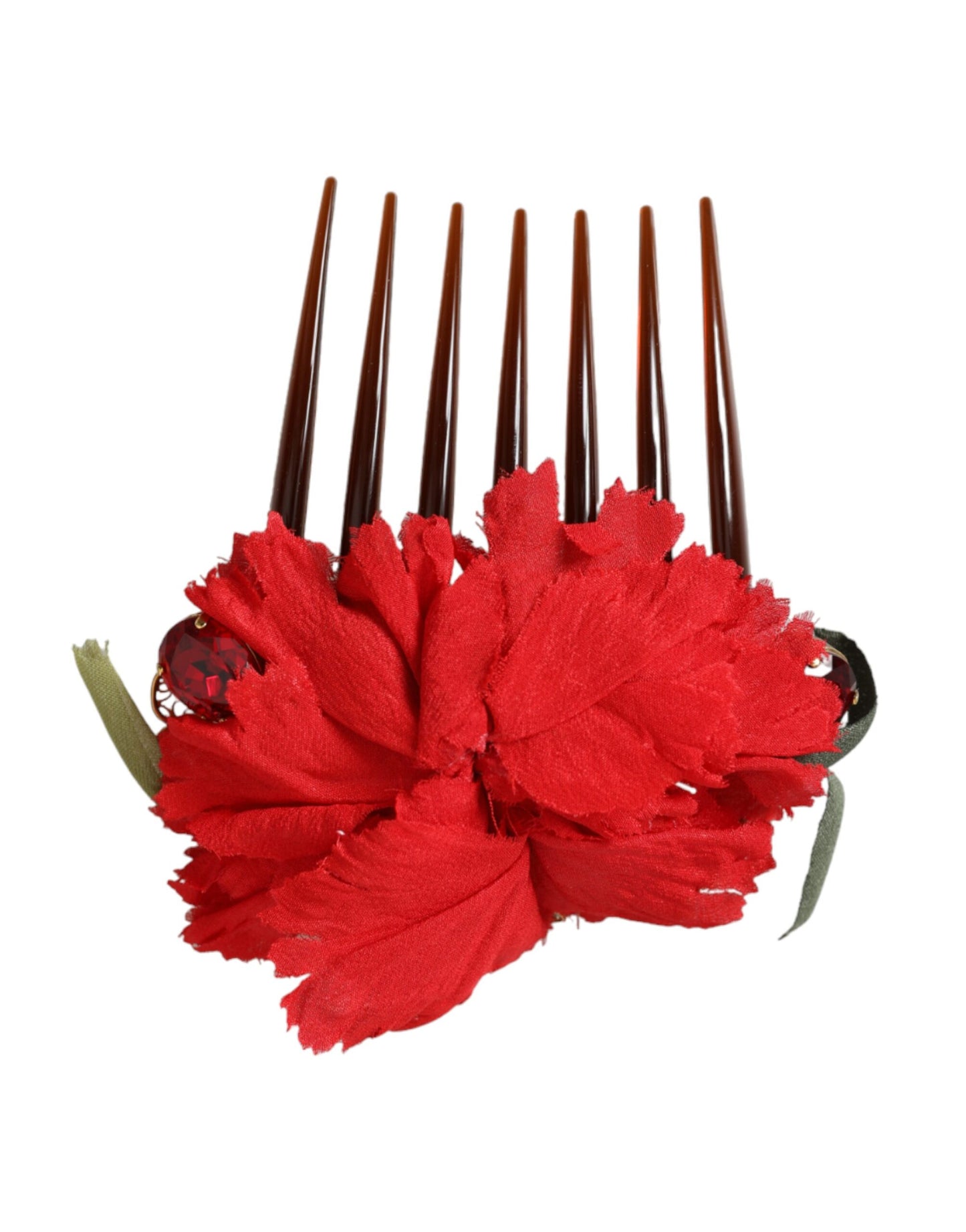 Dolce & Gabbana Red Silk Floral Gold Brass Women Hair Comb Curated Luxury Accessories by Orvyn