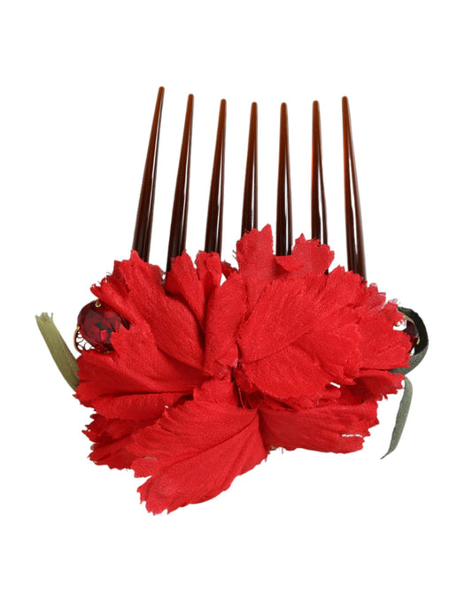 Dolce & Gabbana Red Silk Floral Gold Brass Women Hair Comb Curated Luxury Accessories by Orvyn