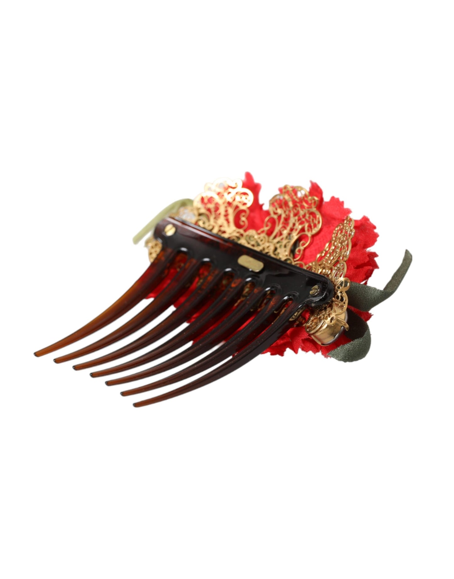 Dolce & Gabbana Red Silk Floral Gold Brass Women Hair Comb Curated Luxury Accessories by Orvyn
