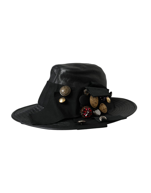Dolce & Gabbana Black Leather DG Coin Crystal Wide Brim Hat Curated Luxury Accessories by Orvyn