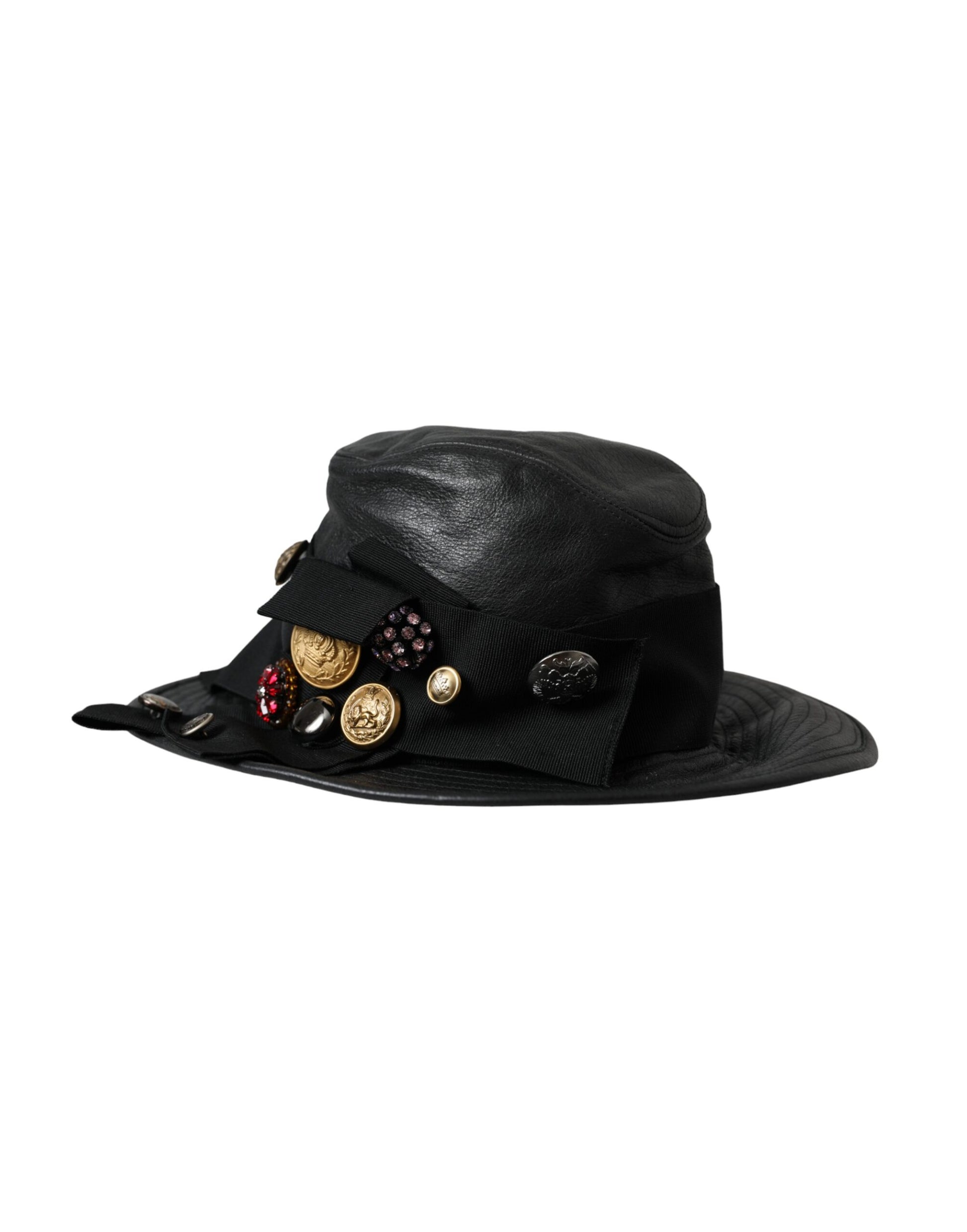 Dolce & Gabbana Black Leather DG Coin Crystal Wide Brim Hat Curated Luxury Accessories by Orvyn
