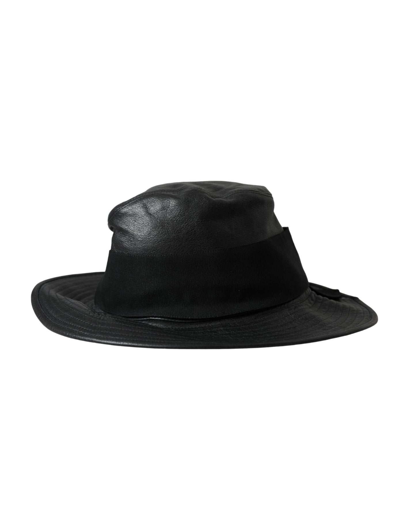 Dolce & Gabbana Black Leather DG Coin Crystal Wide Brim Hat Curated Luxury Accessories by Orvyn