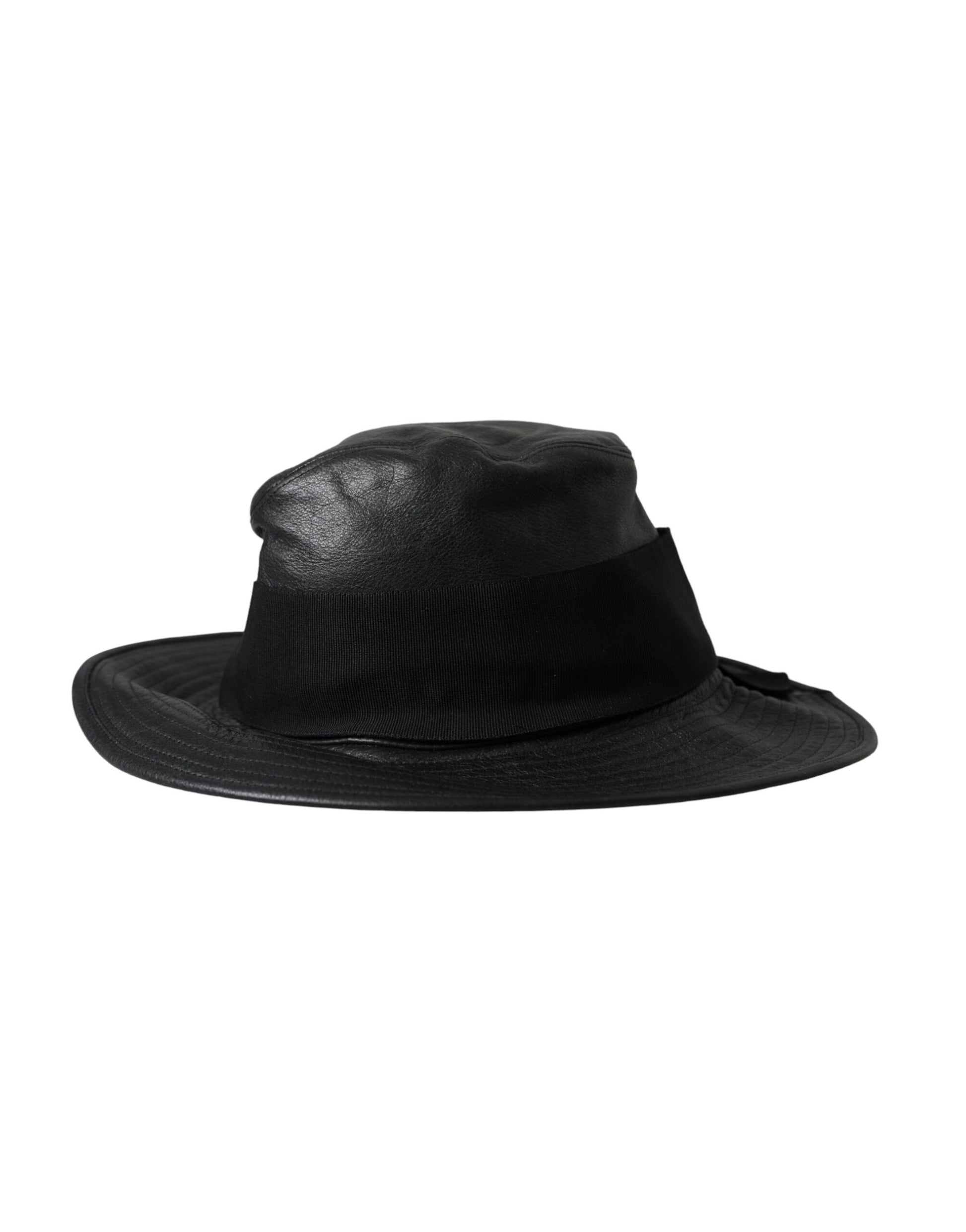 Dolce & Gabbana Black Leather DG Coin Crystal Wide Brim Hat Curated Luxury Accessories by Orvyn