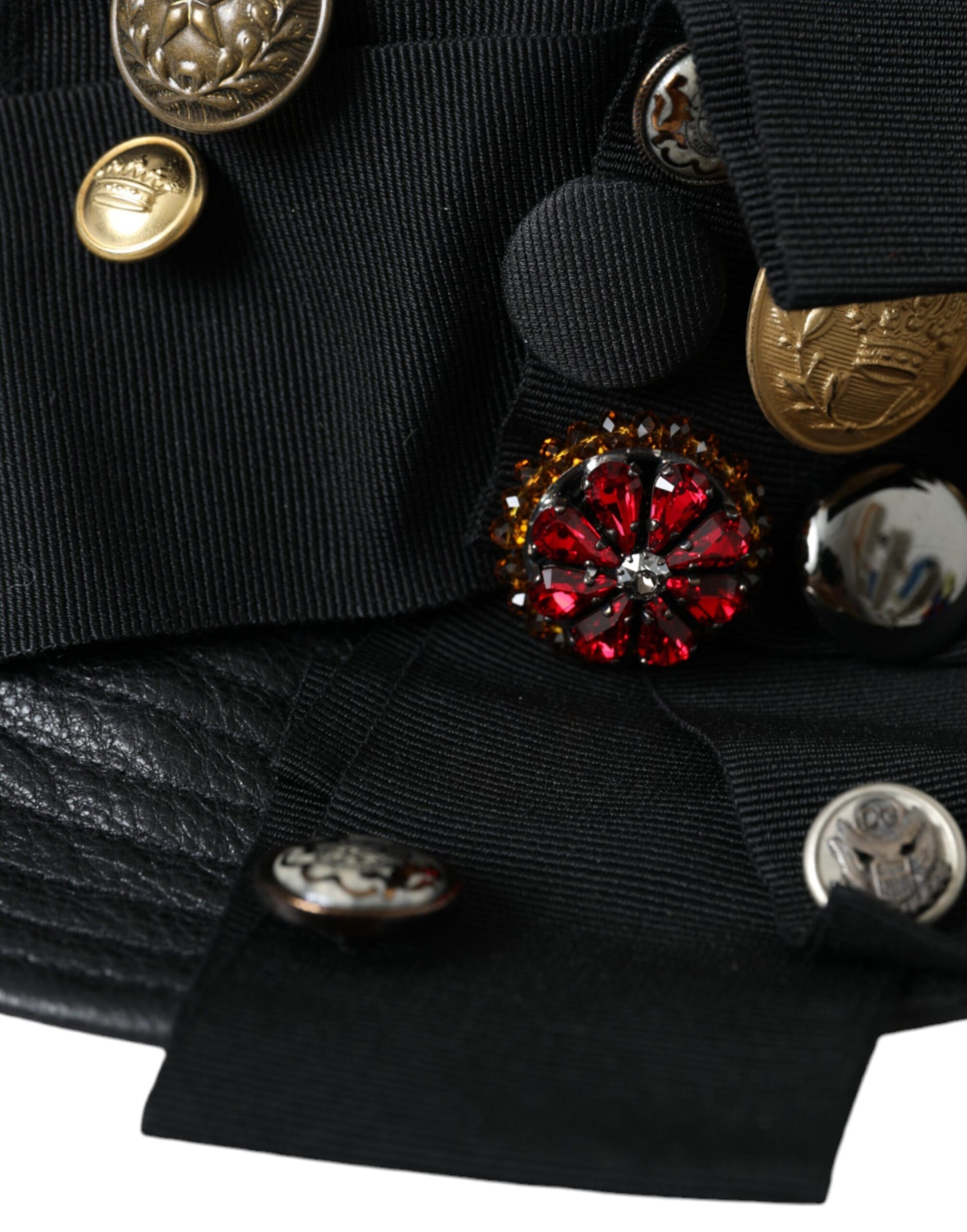 Dolce & Gabbana Black Leather DG Coin Crystal Wide Brim Hat Curated Luxury Accessories by Orvyn
