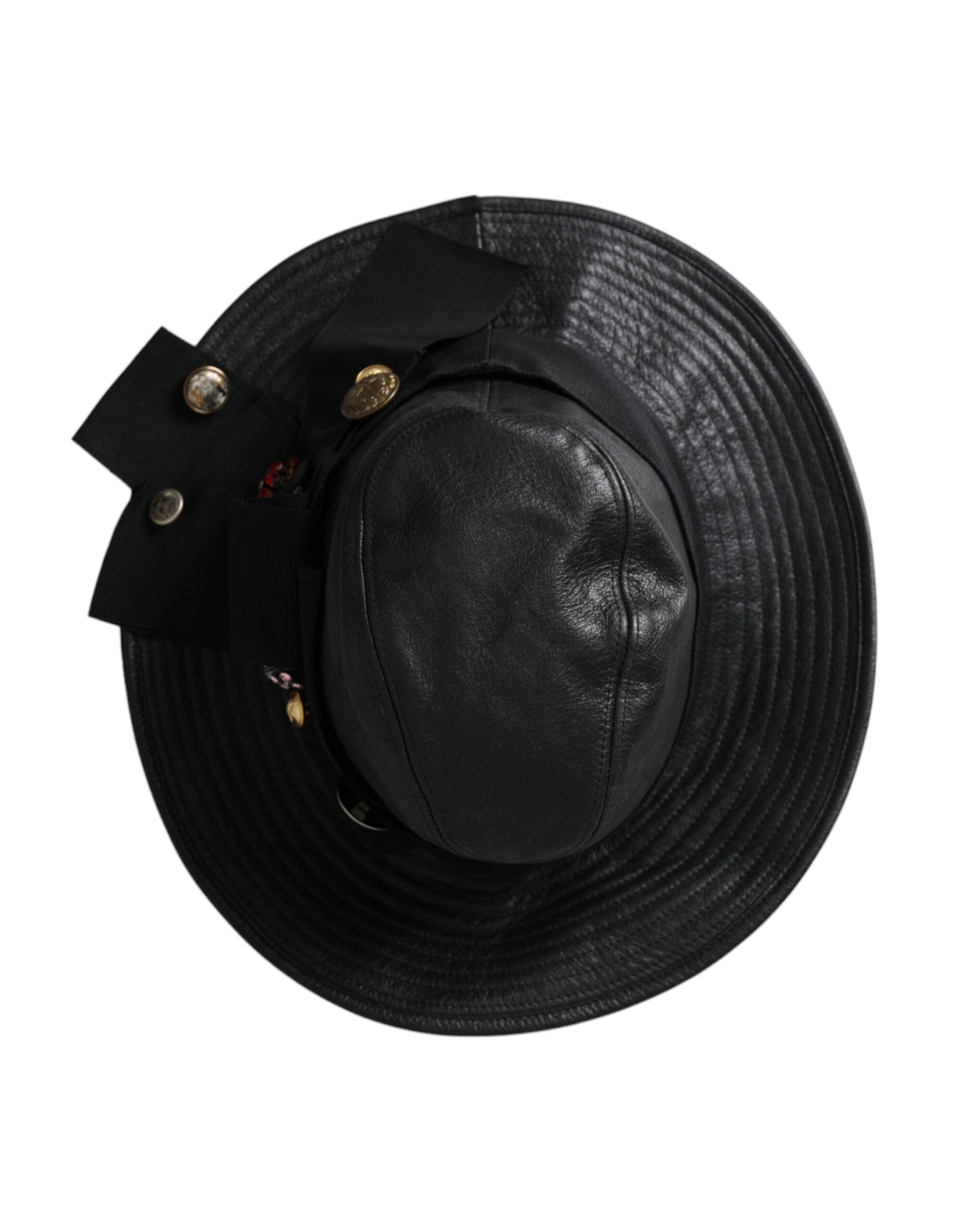 Dolce & Gabbana Black Leather DG Coin Crystal Wide Brim Hat Curated Luxury Accessories by Orvyn