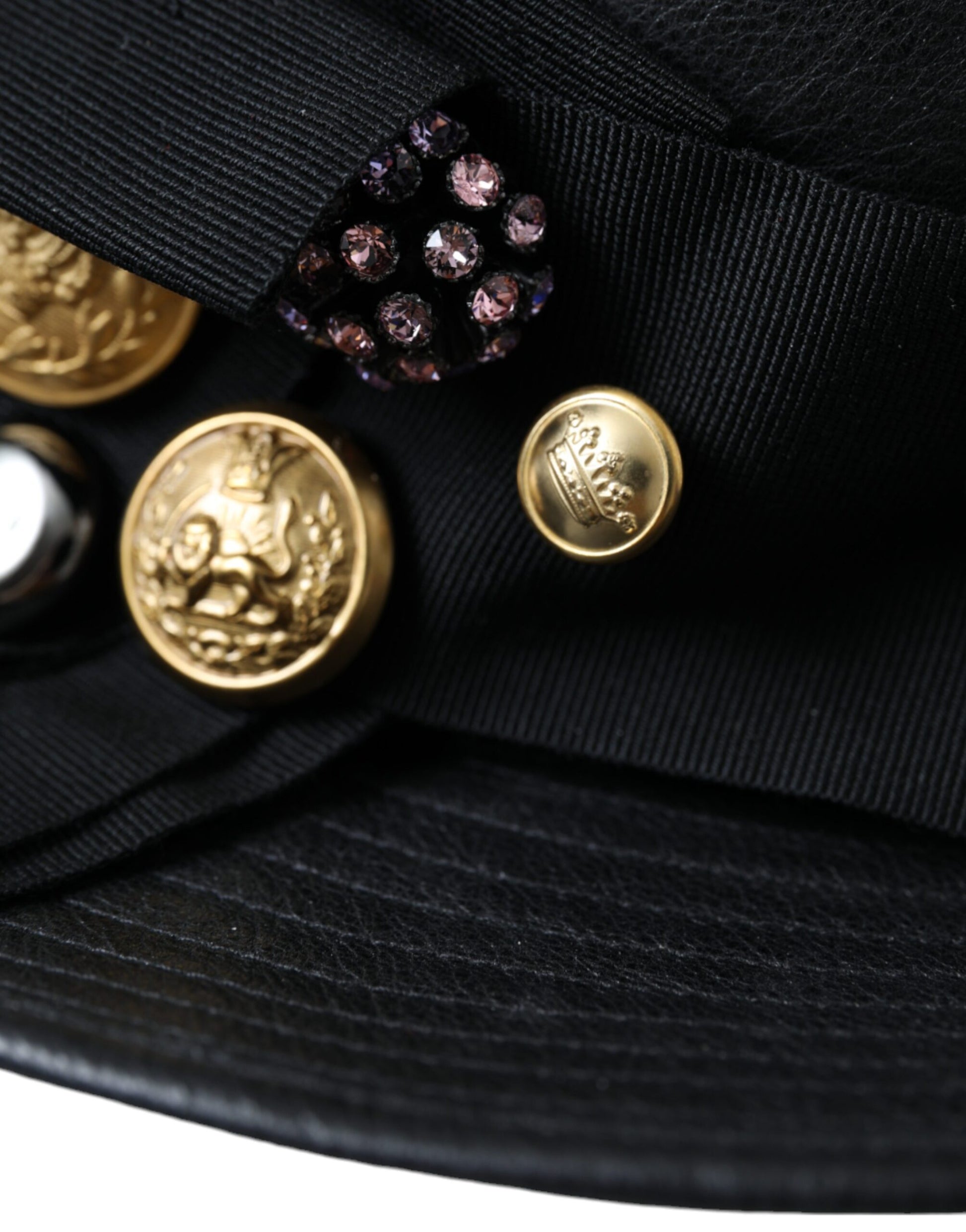 Dolce & Gabbana Black Leather DG Coin Crystal Wide Brim Hat Curated Luxury Accessories by Orvyn