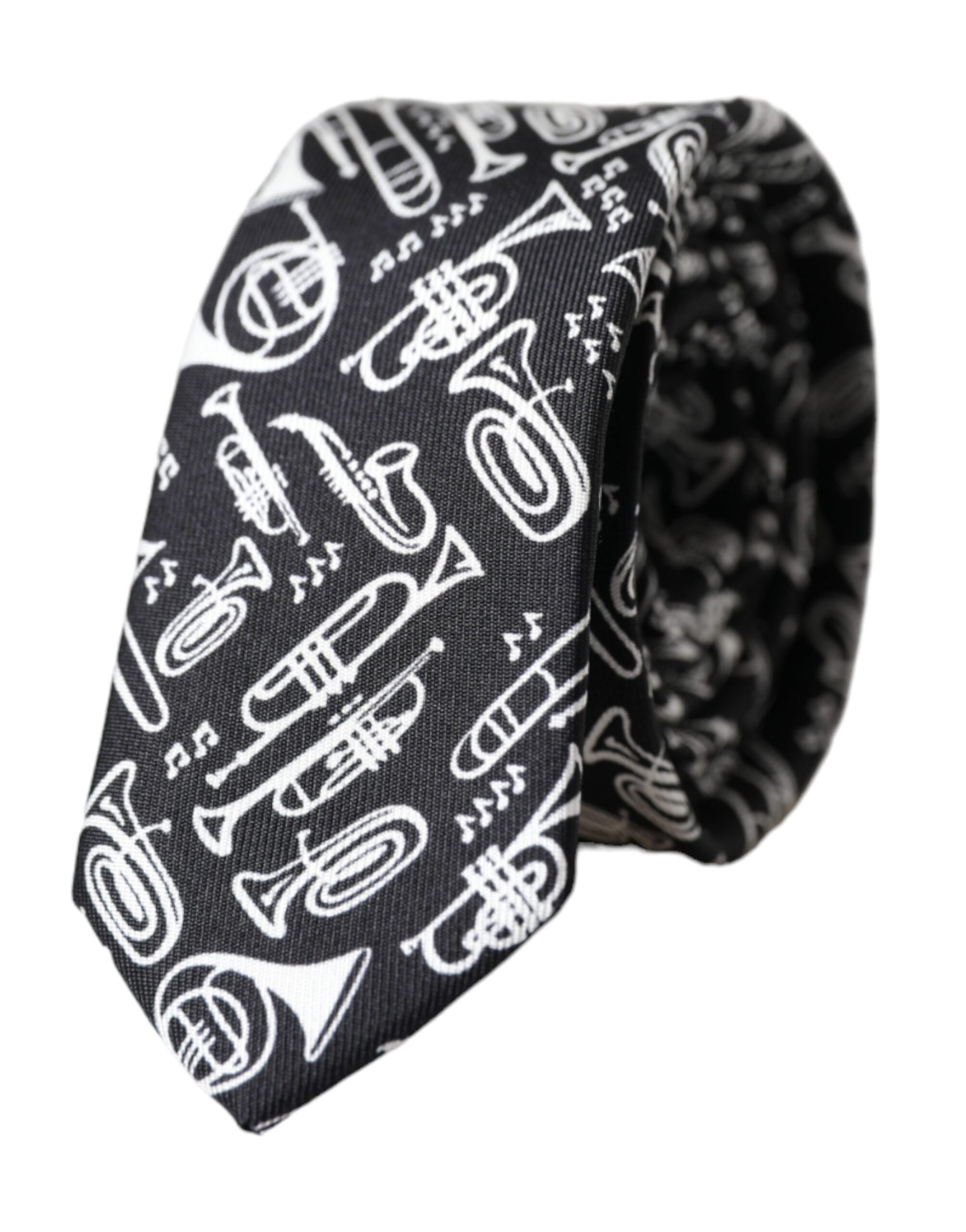 Dolce & Gabbana Black Trumpet Print Silk Adjustable Tie Curated Luxury Accessories by Orvyn
