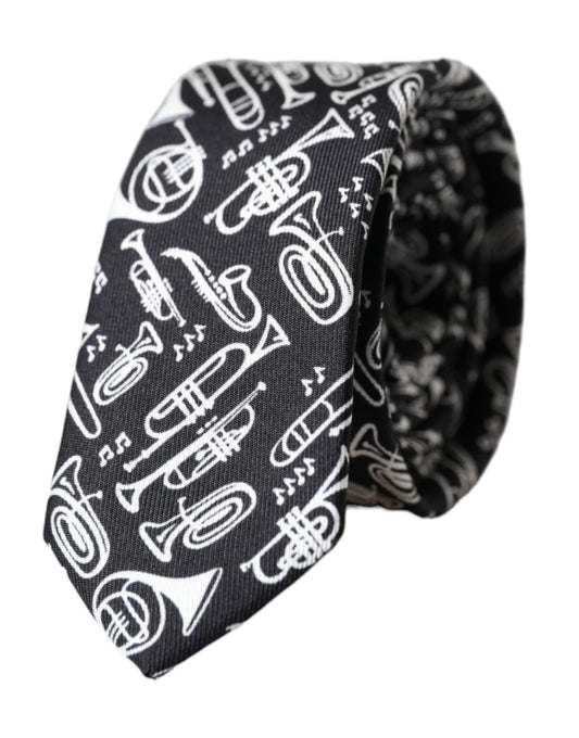 Dolce & Gabbana Black Trumpet Print Silk Adjustable Tie Curated Luxury Accessories by Orvyn