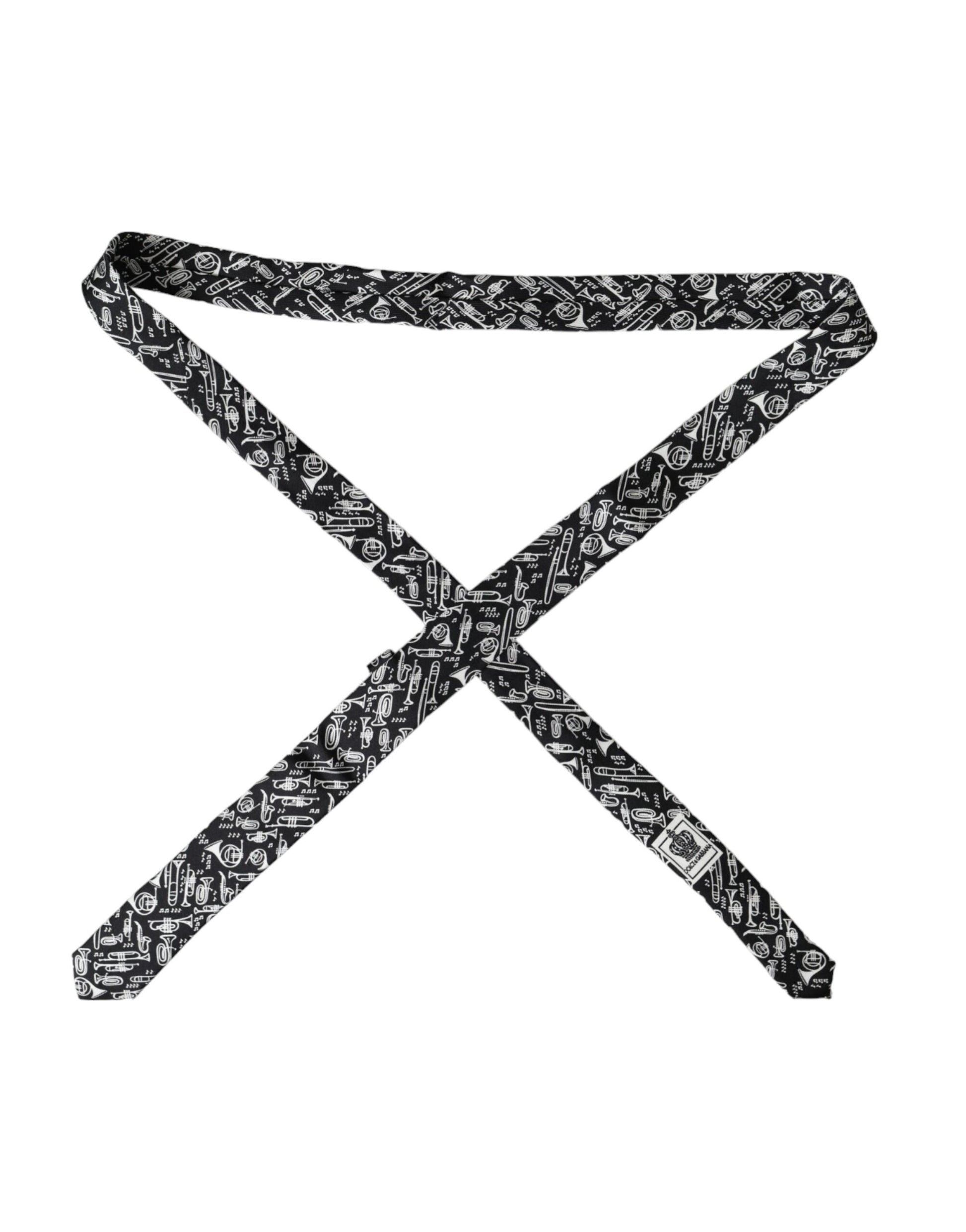 Dolce & Gabbana Black Trumpet Print Silk Adjustable Tie Curated Luxury Accessories by Orvyn