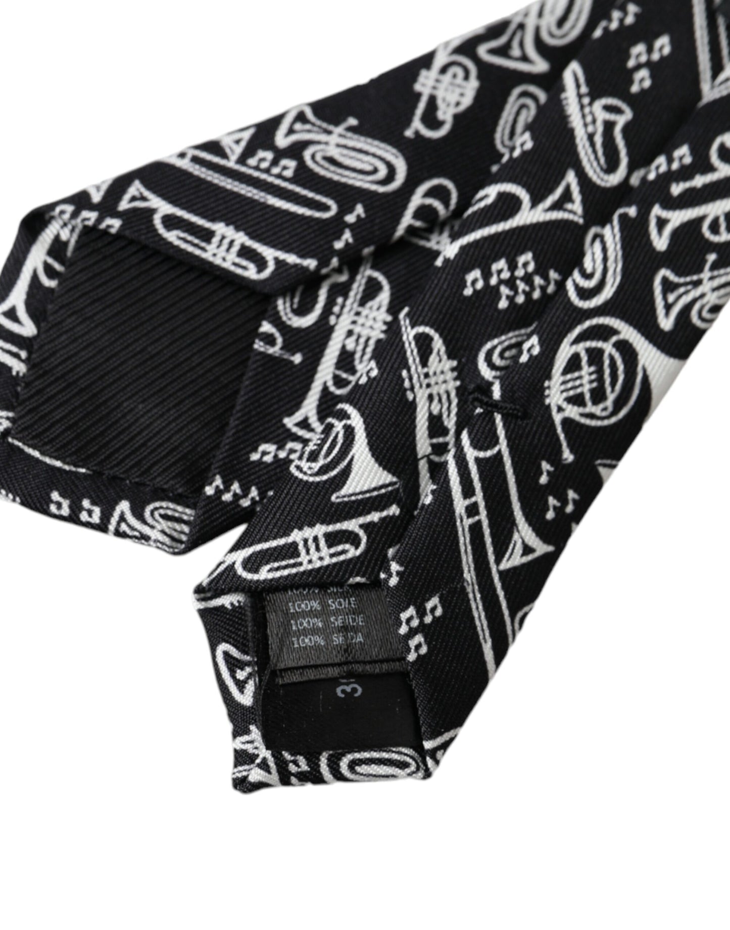 Dolce & Gabbana Black Trumpet Print Silk Adjustable Tie Curated Luxury Accessories by Orvyn