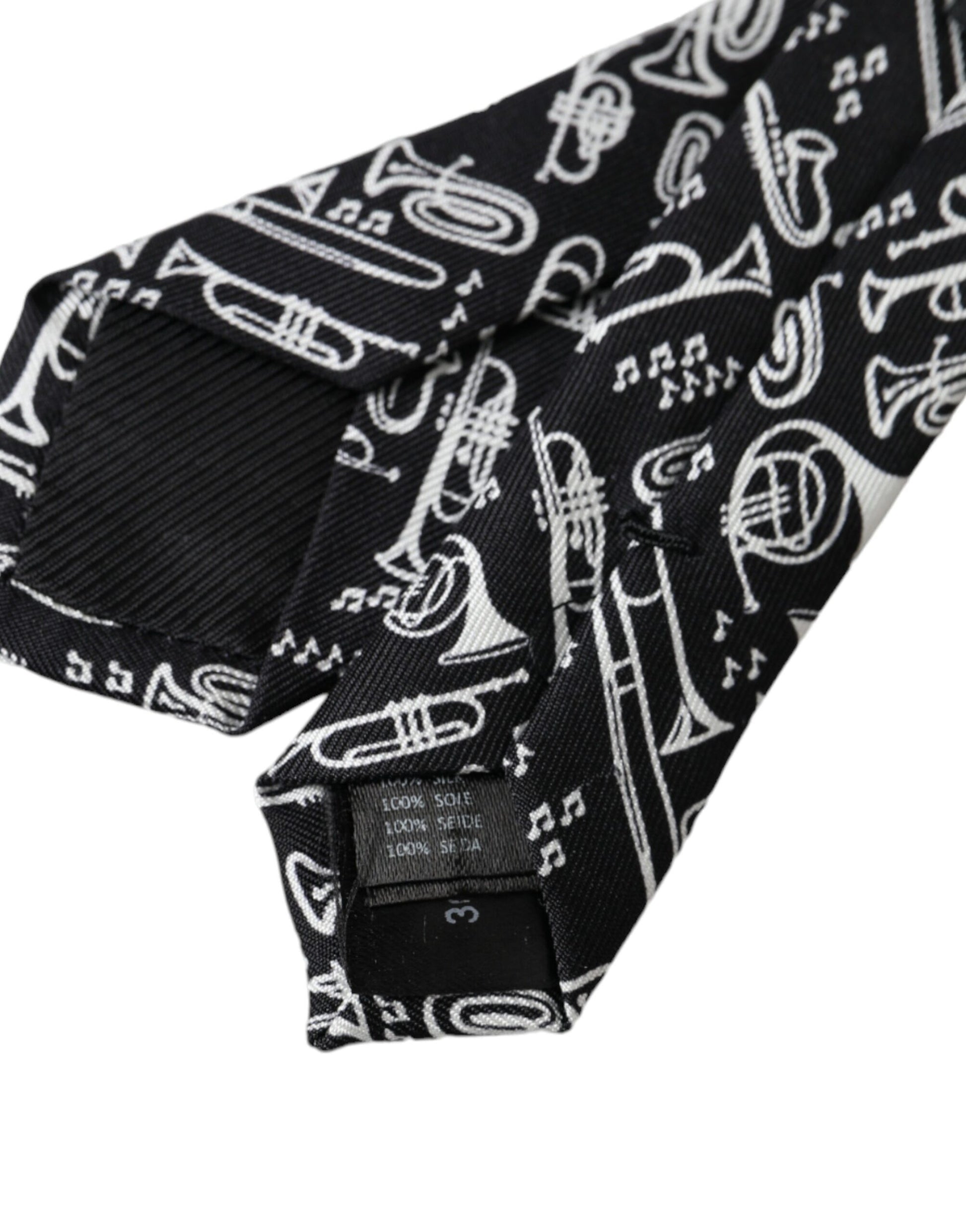 Dolce & Gabbana Black Trumpet Print Silk Adjustable Tie Curated Luxury Accessories by Orvyn