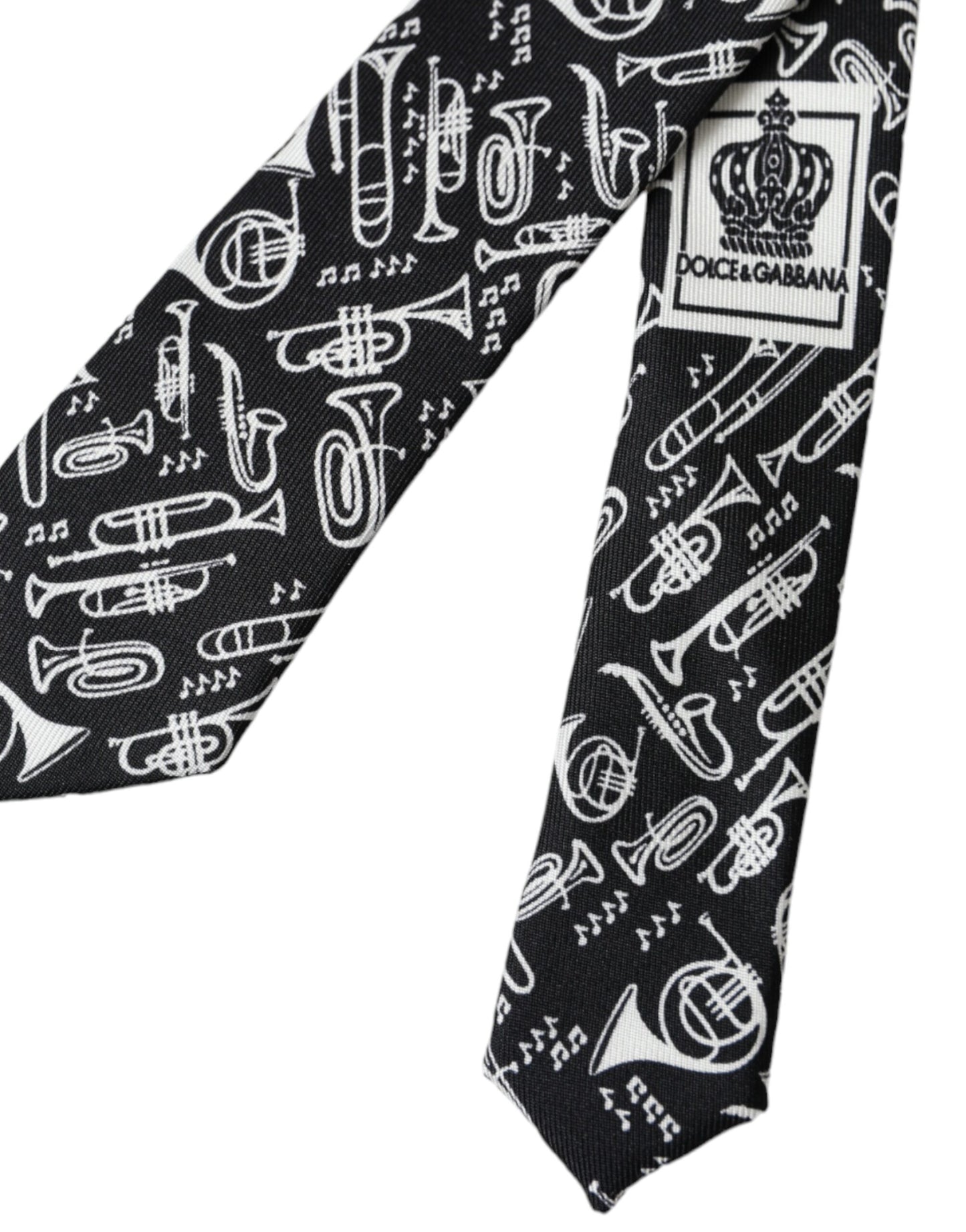 Dolce & Gabbana Black Trumpet Print Silk Adjustable Tie Curated Luxury Accessories by Orvyn