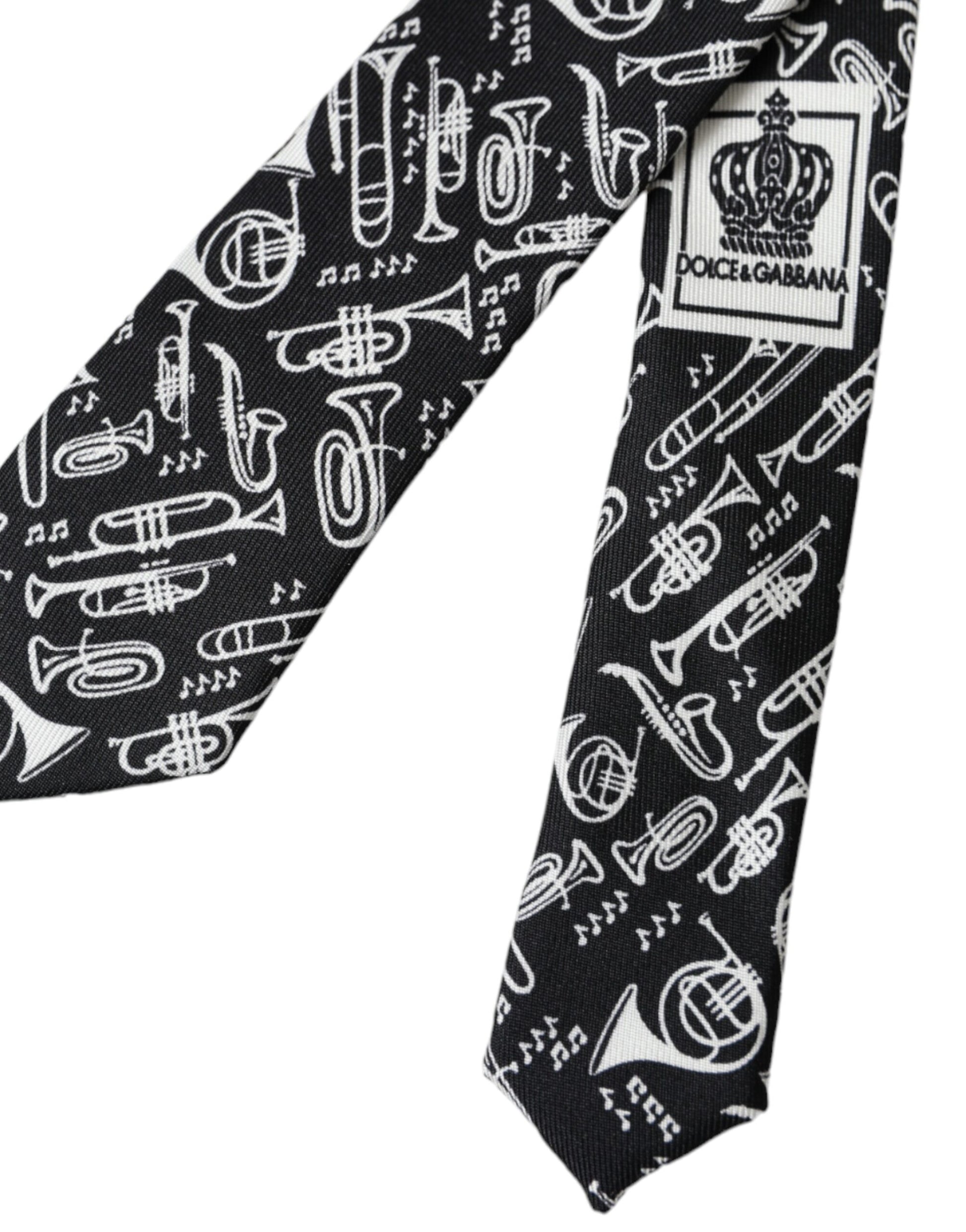 Dolce & Gabbana Black Trumpet Print Silk Adjustable Tie Curated Luxury Accessories by Orvyn