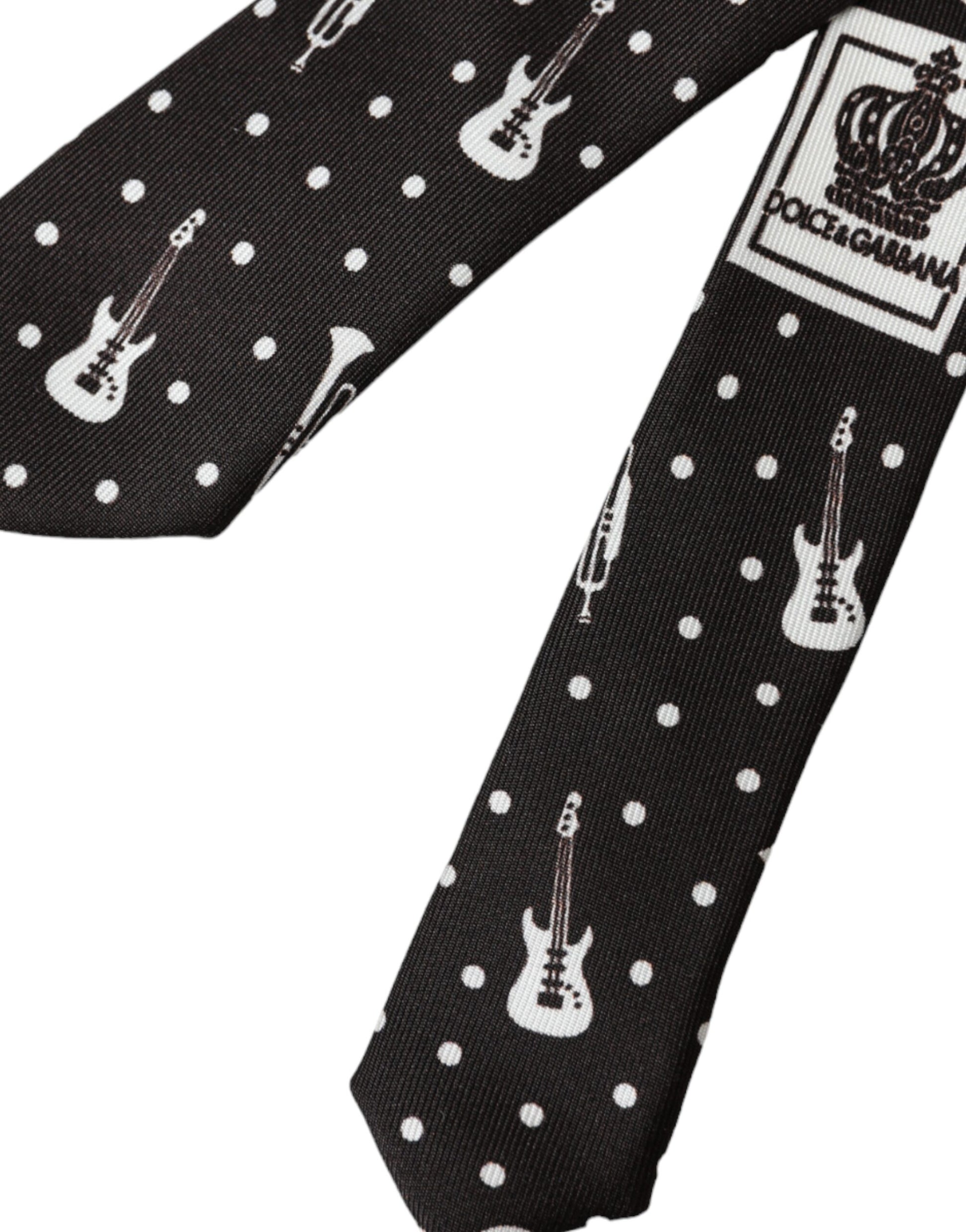 Dolce & Gabbana Black Guitar Print Silk Adjustable Tie schwarz