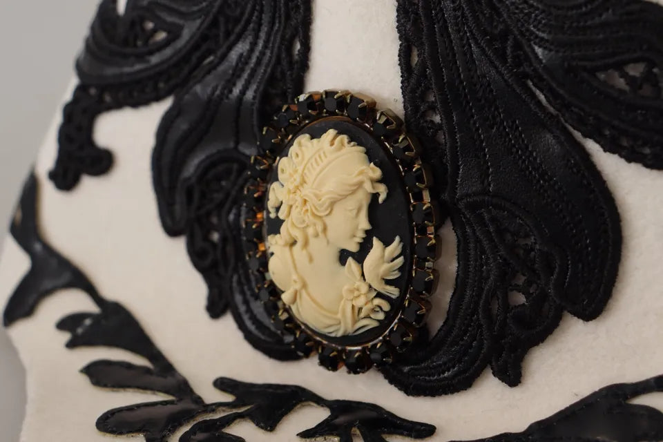 Dolce & Gabbana White Black Wool Embroidered Cameo Brooch Hat Curated Luxury Accessories by Orvyn
