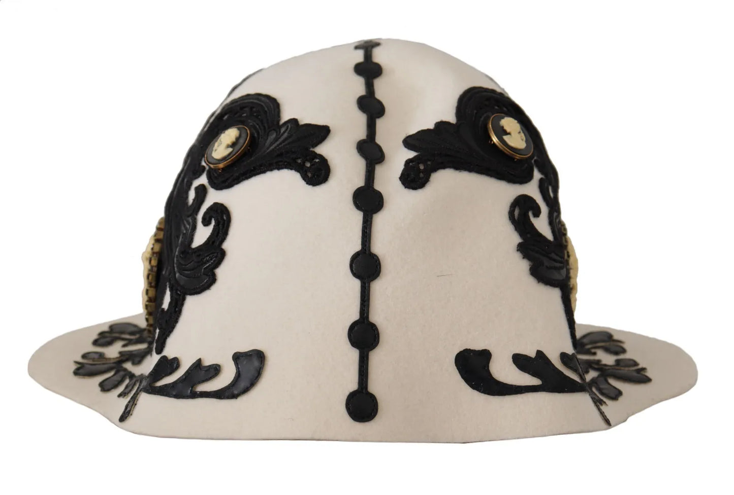 Dolce & Gabbana White Black Wool Embroidered Cameo Brooch Hat Curated Luxury Accessories by Orvyn