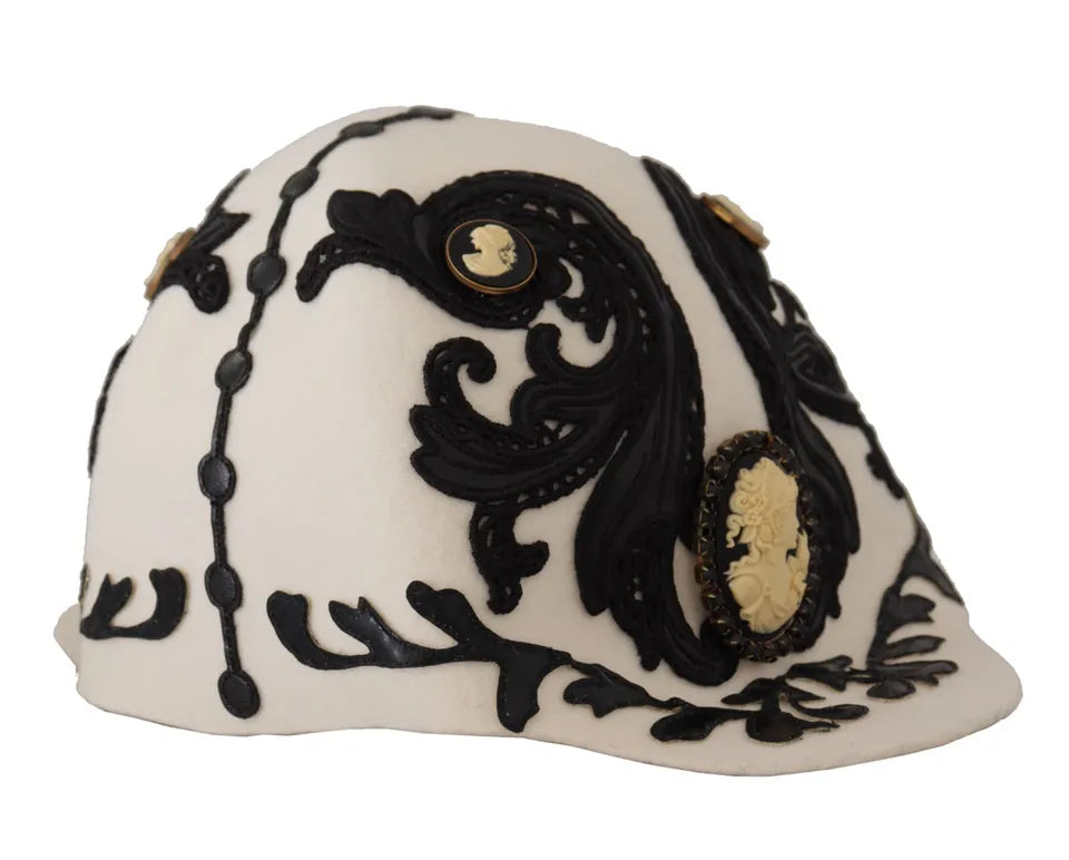 Dolce & Gabbana White Black Wool Embroidered Cameo Brooch Hat Curated Luxury Accessories by Orvyn