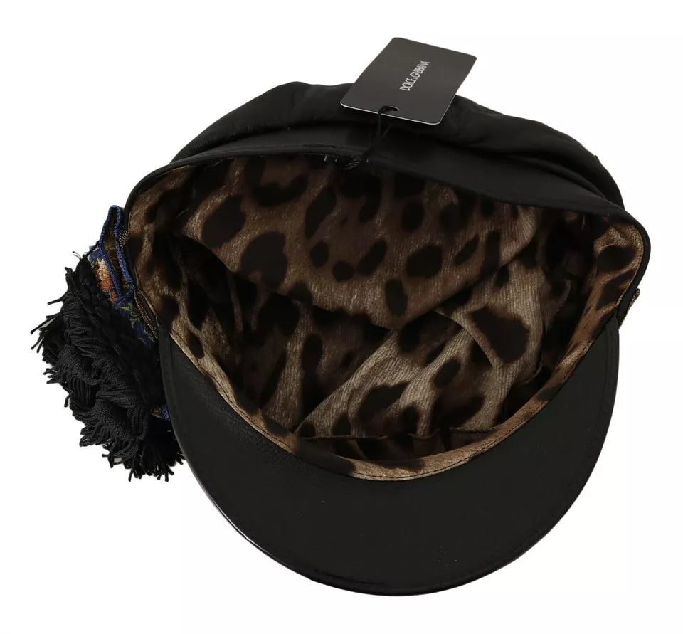 Dolce & Gabbana Black Leather Crystal Beads Gold Ribbon Fiddler Cap Curated Luxury Accessories by Orvyn