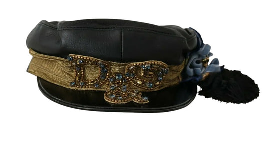 Dolce & Gabbana Black Leather Crystal Beads Gold Ribbon Fiddler Cap Curated Luxury Accessories by Orvyn