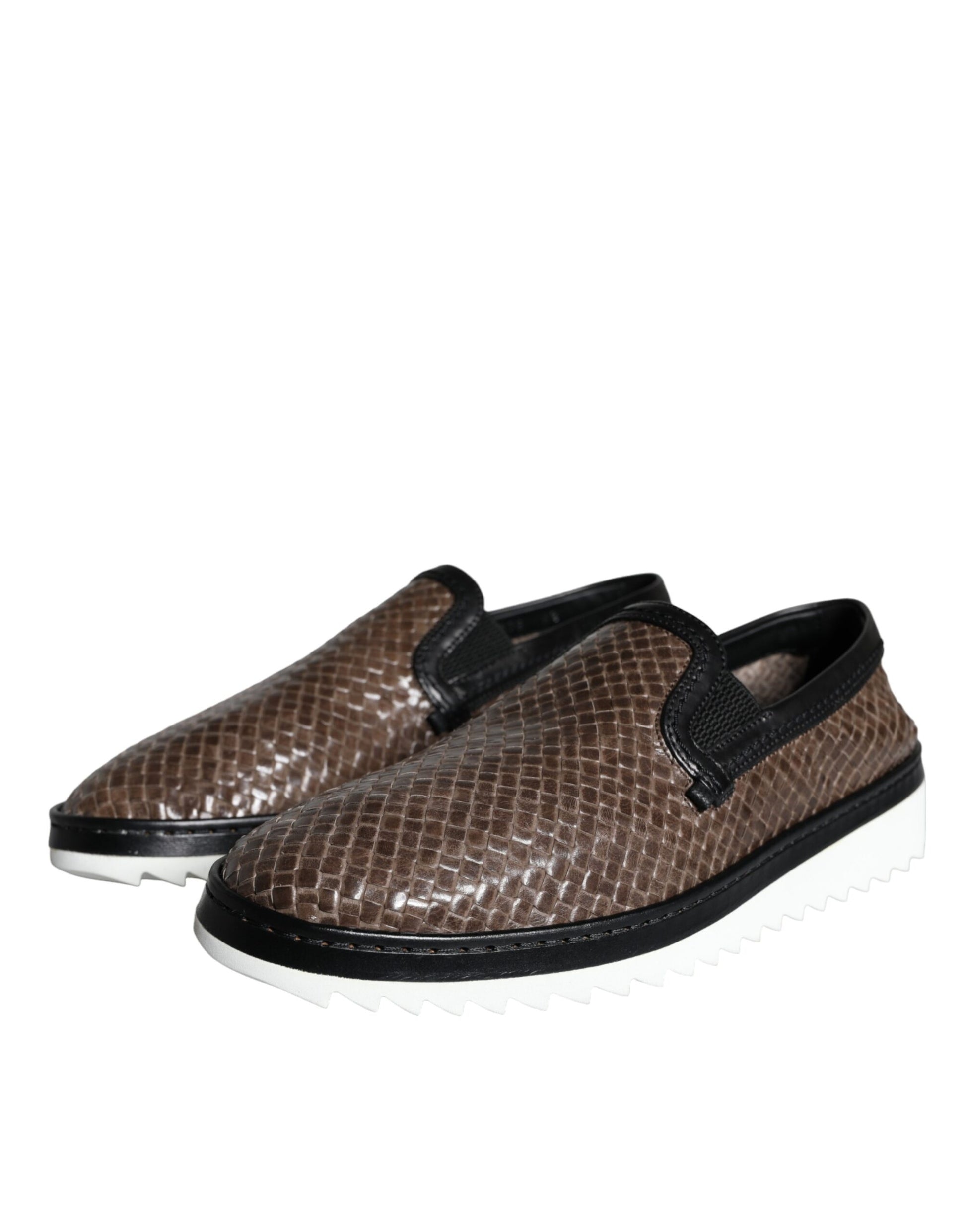 Dolce & Gabbana Brown Black Leather Weaved Men Loafers Shoes Curated Luxury Accessories by Orvyn