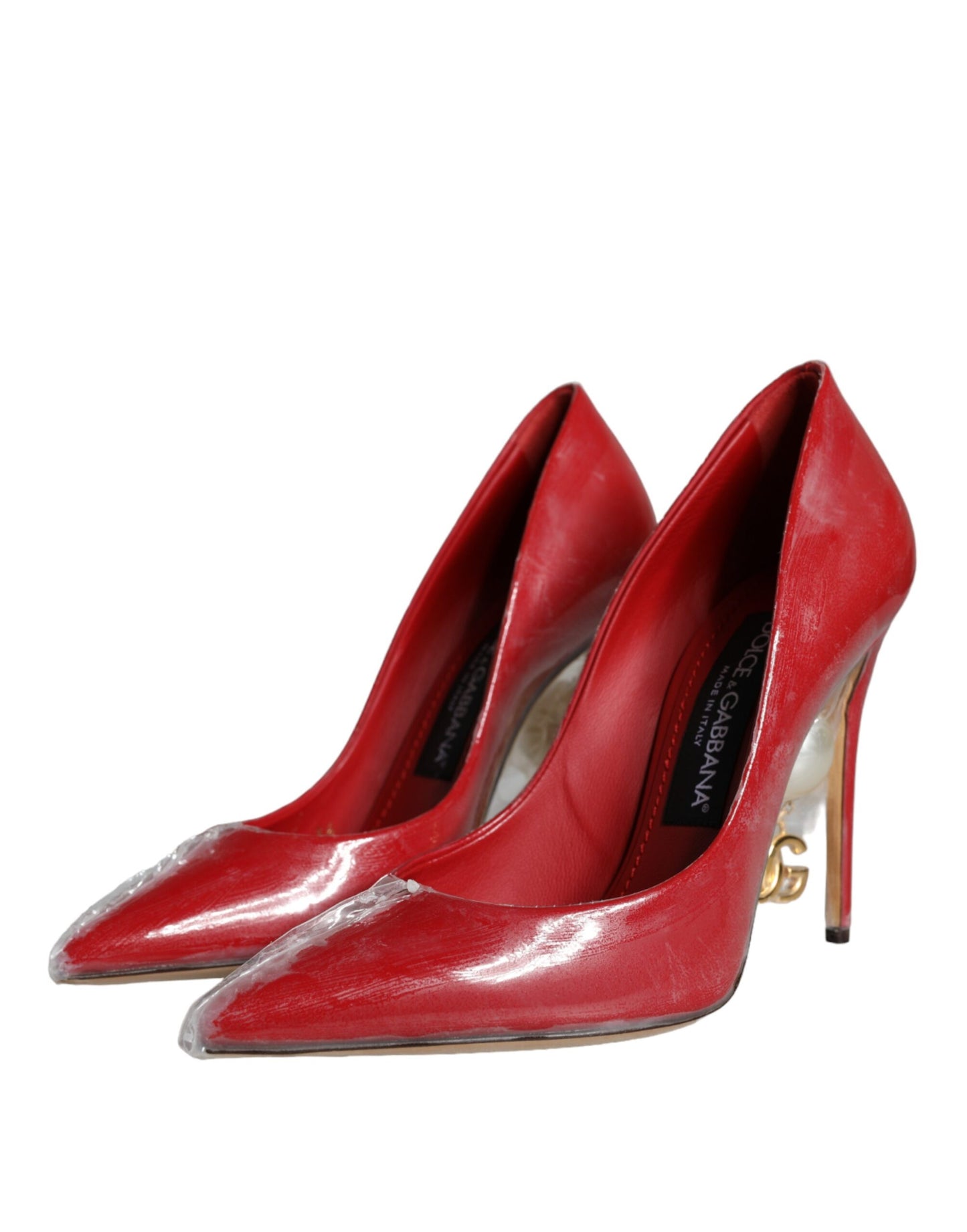 Dolce & Gabbana Red Patent Leather Faux Pearl Heels Pumps Shoes Curated Luxury Accessories by Orvyn