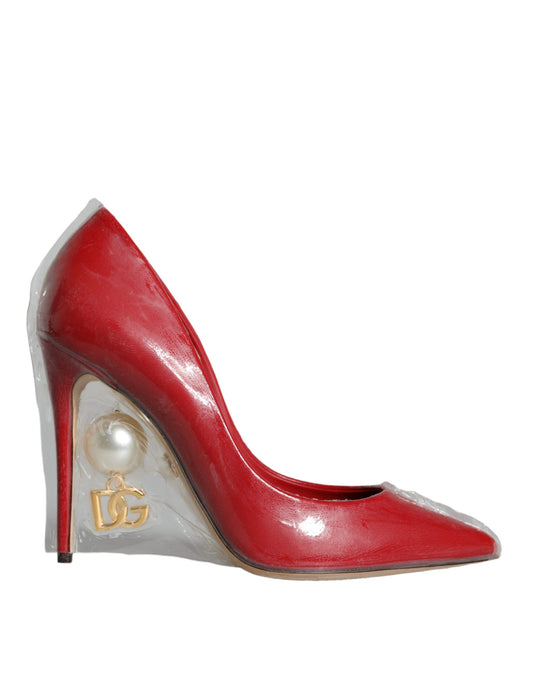 Dolce & Gabbana Red Patent Leather Faux Pearl Heels Pumps Shoes Curated Luxury Accessories by Orvyn