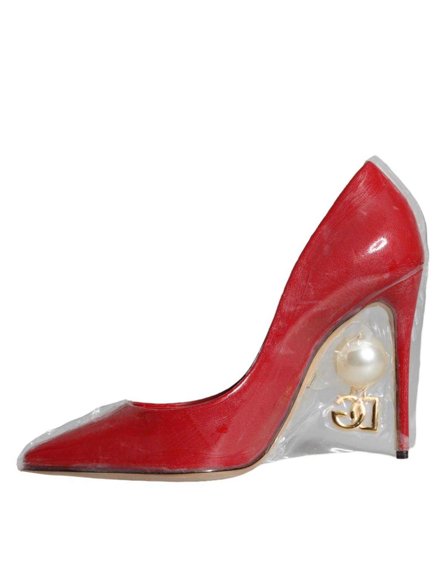 Dolce & Gabbana Red Patent Leather Faux Pearl Heels Pumps Shoes Curated Luxury Accessories by Orvyn