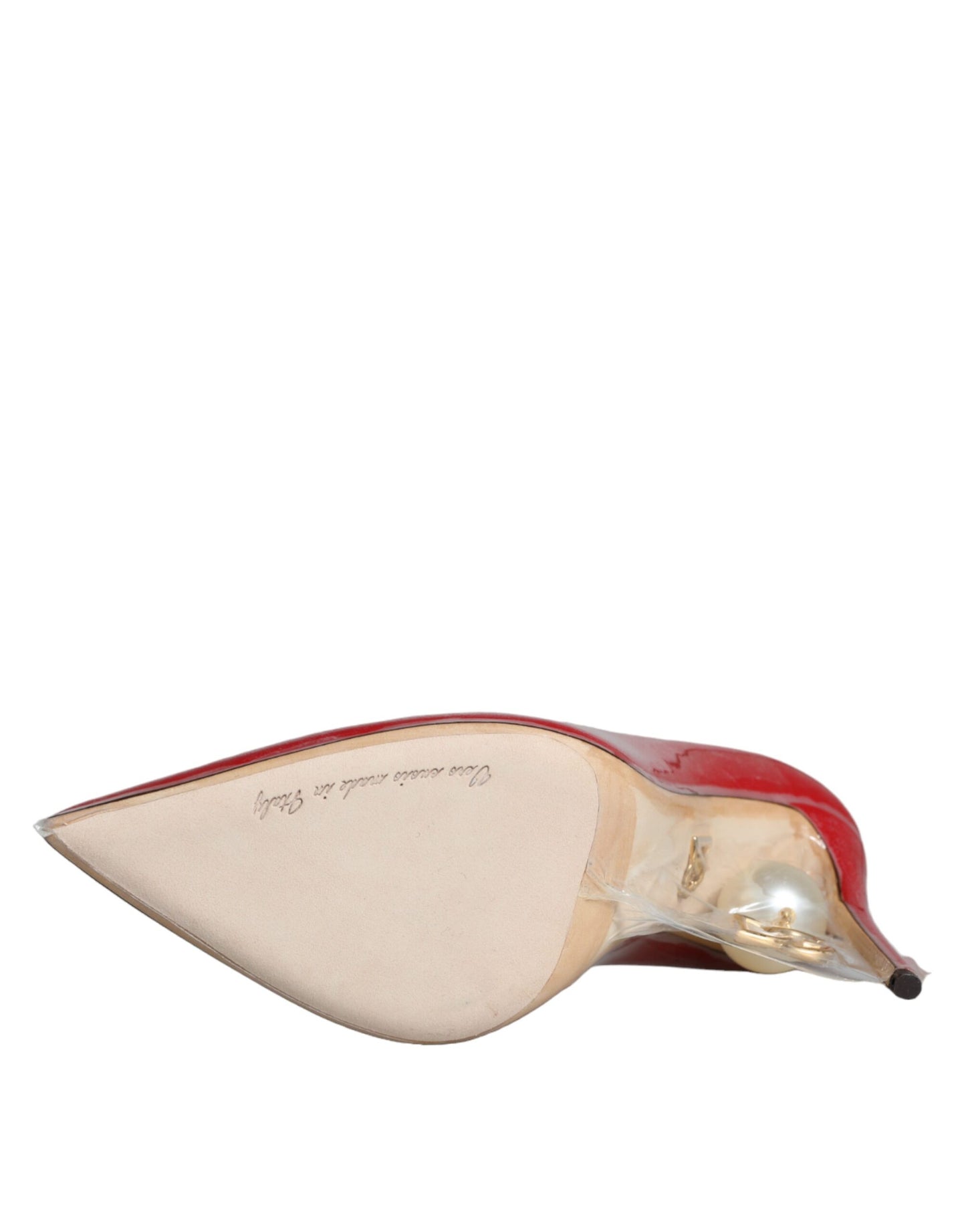 Dolce & Gabbana Red Patent Leather Faux Pearl Heels Pumps Shoes Curated Luxury Accessories by Orvyn