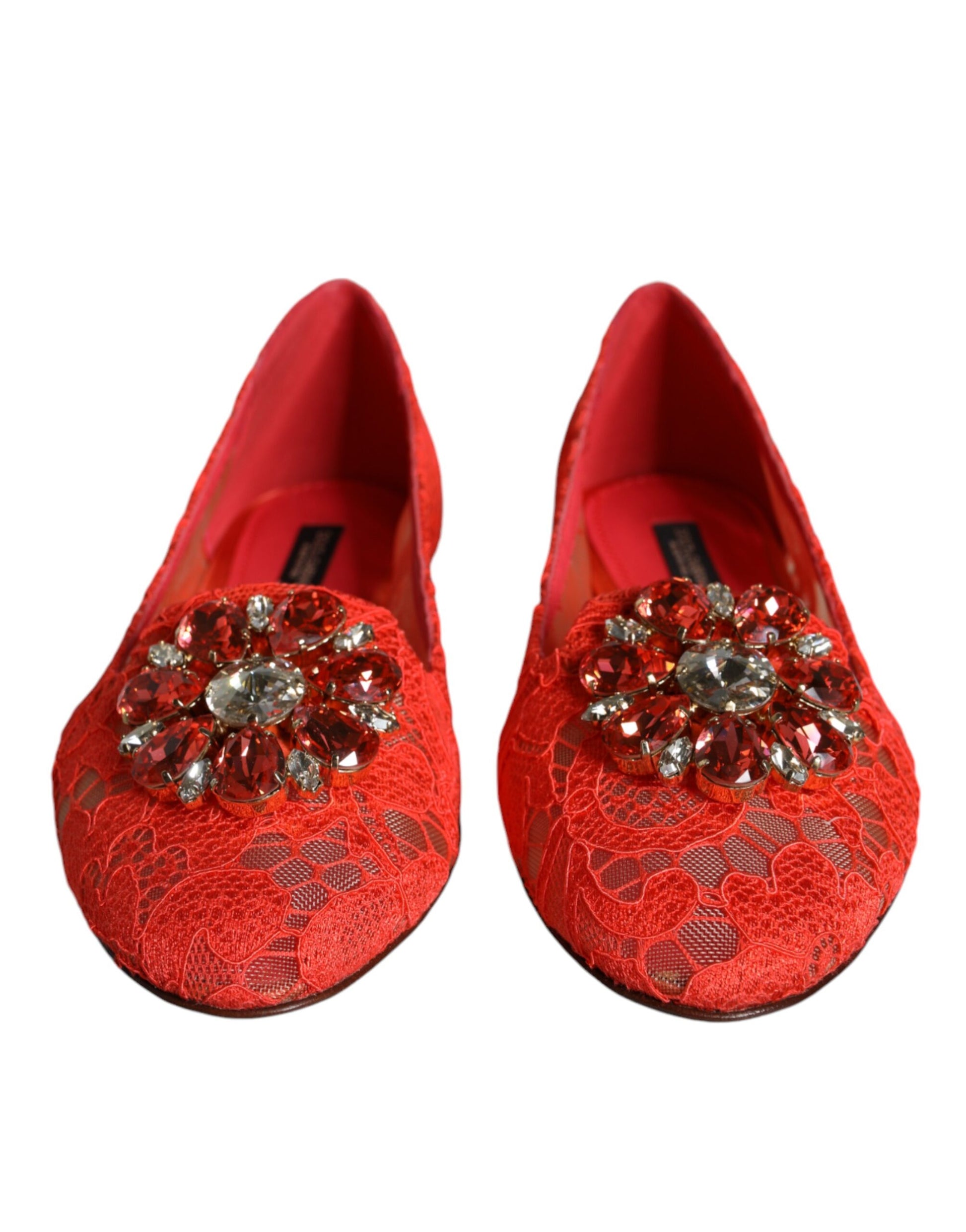 Dolce & Gabbana Coral Lace Crystal Ballet Flats Loafers Shoes Curated Luxury Accessories by Orvyn