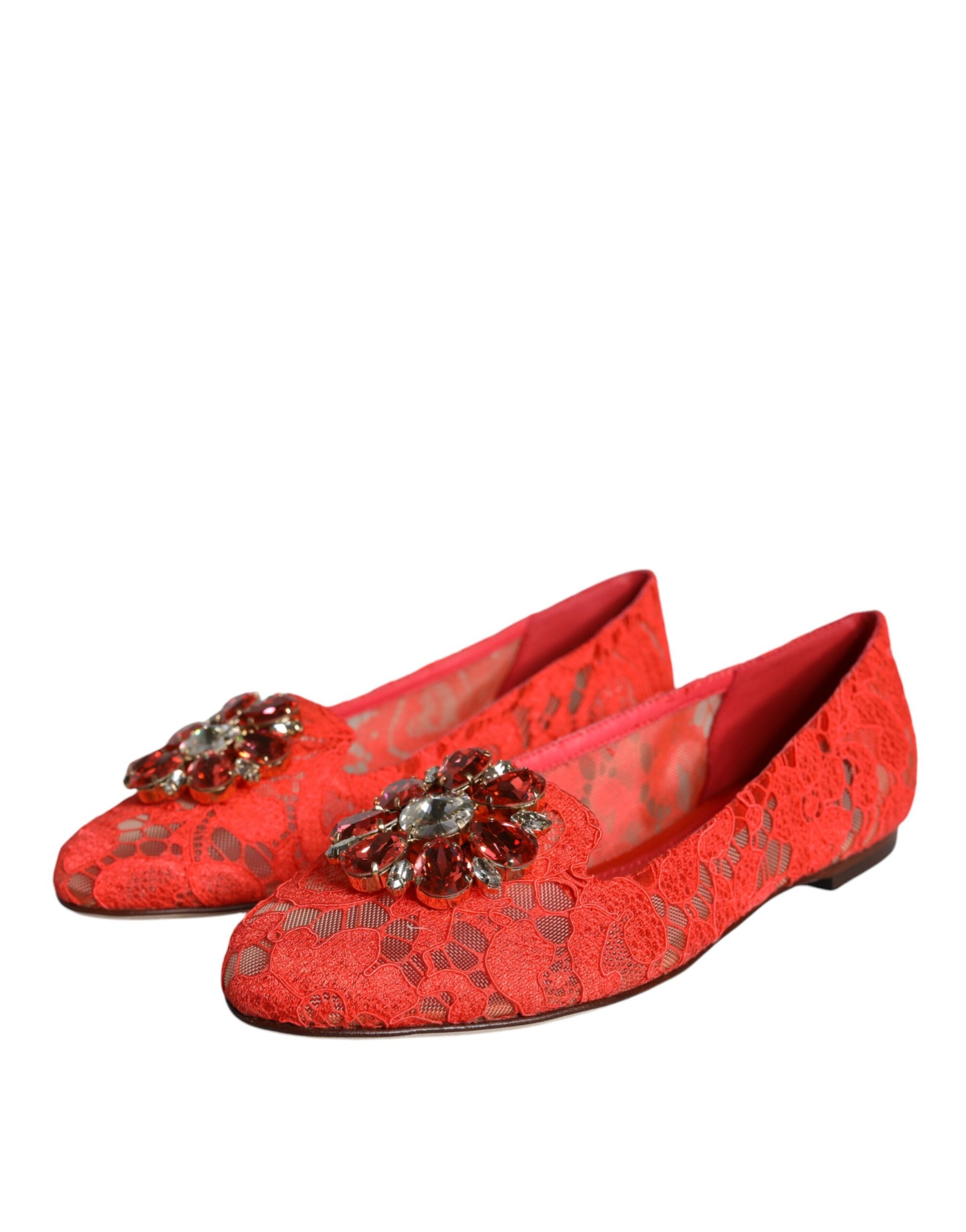 Dolce & Gabbana Coral Lace Crystal Ballet Flats Loafers Shoes Curated Luxury Accessories by Orvyn