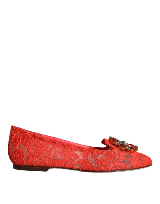 Dolce & Gabbana Coral Lace Crystal Ballet Flats Loafers Shoes Curated Luxury Accessories by Orvyn