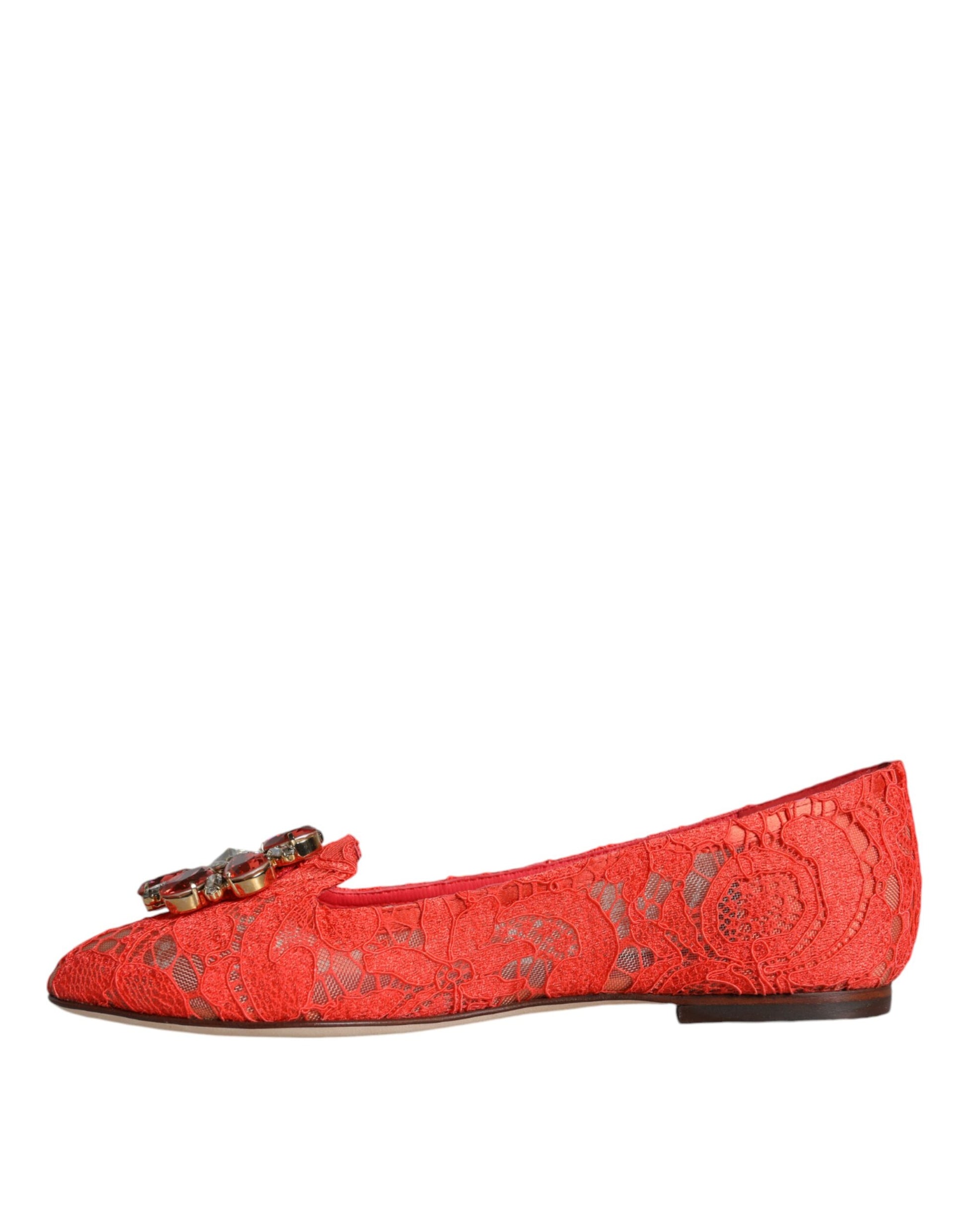 Dolce & Gabbana Coral Lace Crystal Ballet Flats Loafers Shoes Curated Luxury Accessories by Orvyn