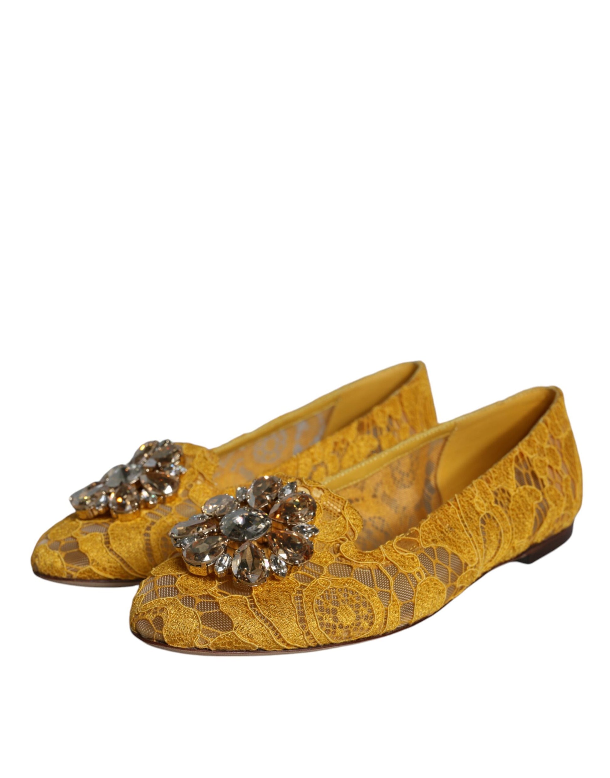 Dolce & Gabbana Mustard Lace Crystal Ballet Flats Loafer Shoes Curated Luxury Accessories by Orvyn
