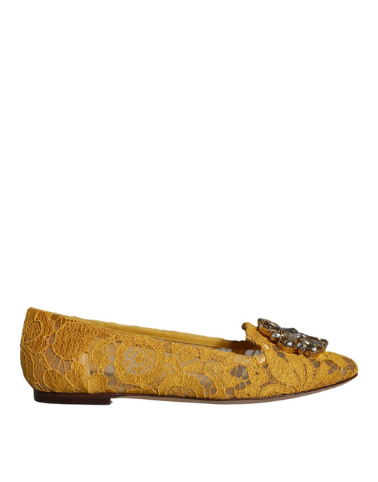 Dolce & Gabbana Mustard Lace Crystal Ballet Flats Loafer Shoes Curated Luxury Accessories by Orvyn
