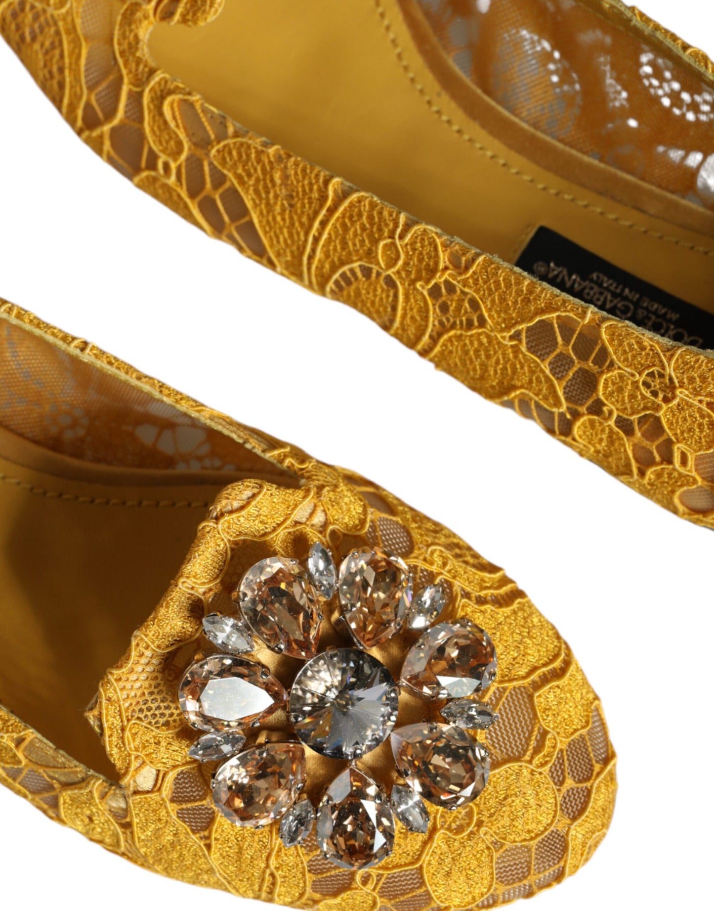 Dolce & Gabbana Mustard Lace Crystal Ballet Flats Loafer Shoes Curated Luxury Accessories by Orvyn