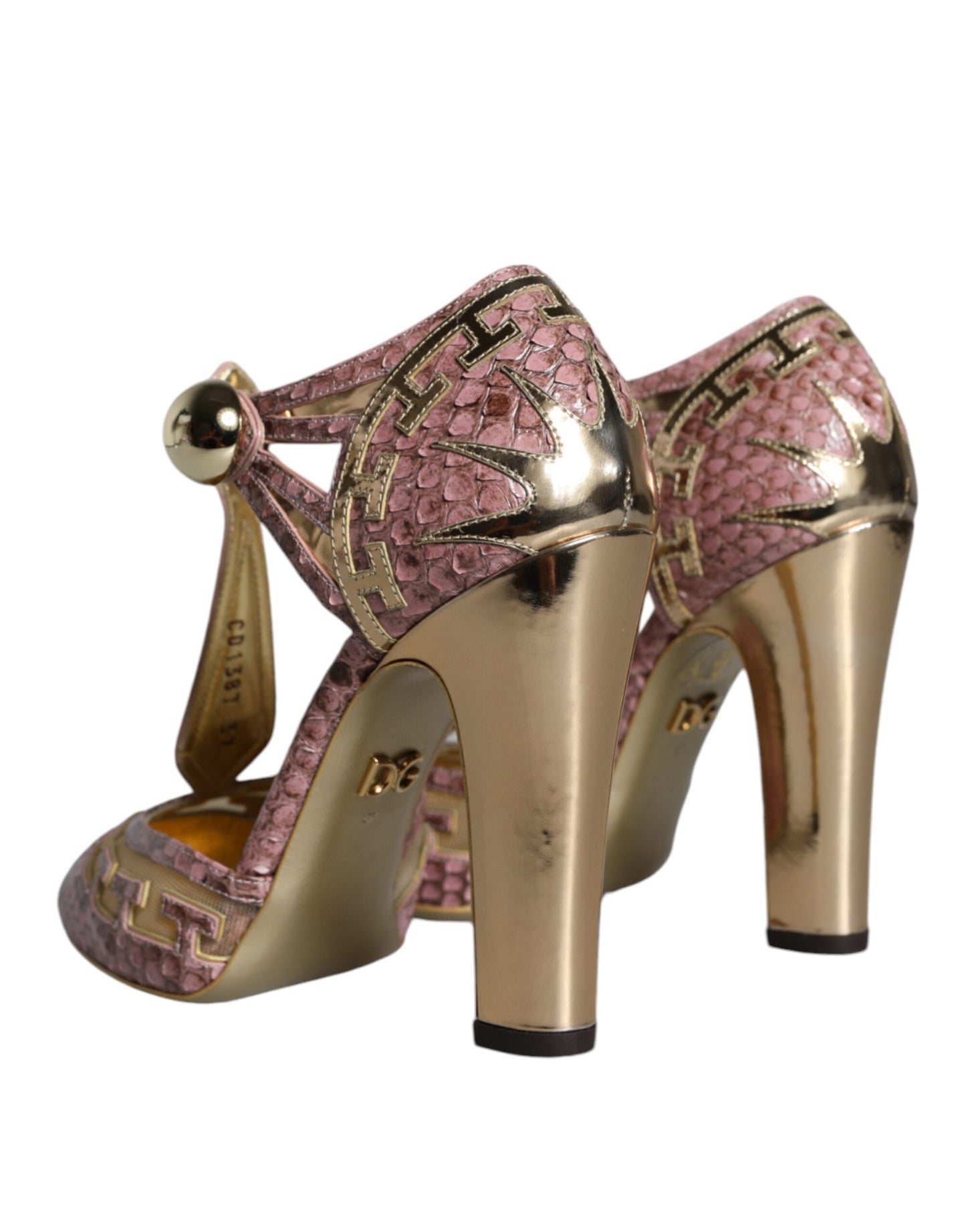 Dolce & Gabbana Pink Gold Leather Pumps T-strap Sandals Shoes Curated Luxury Accessories by Orvyn