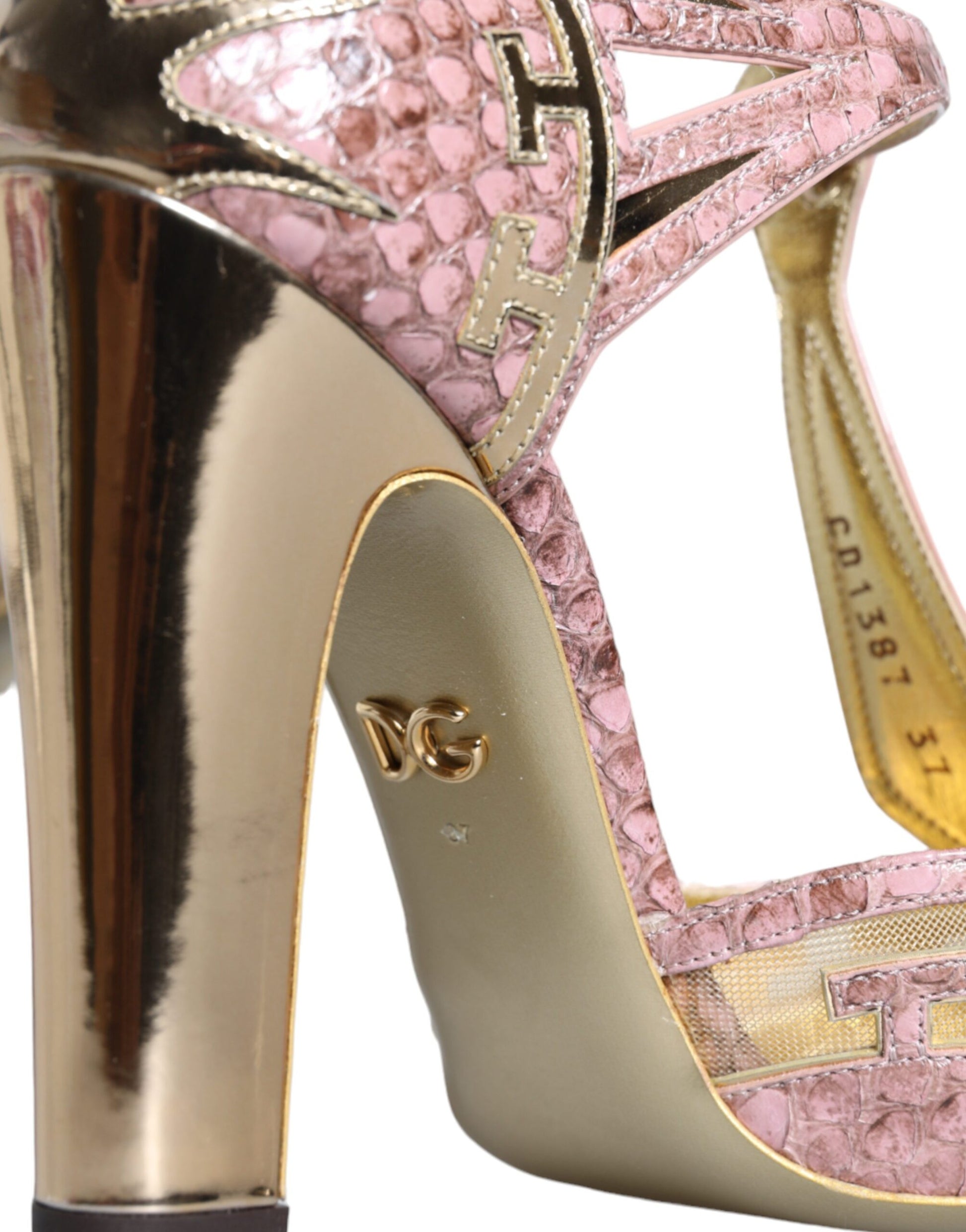 Dolce & Gabbana Pink Gold Leather Pumps T-strap Sandals Shoes Curated Luxury Accessories by Orvyn