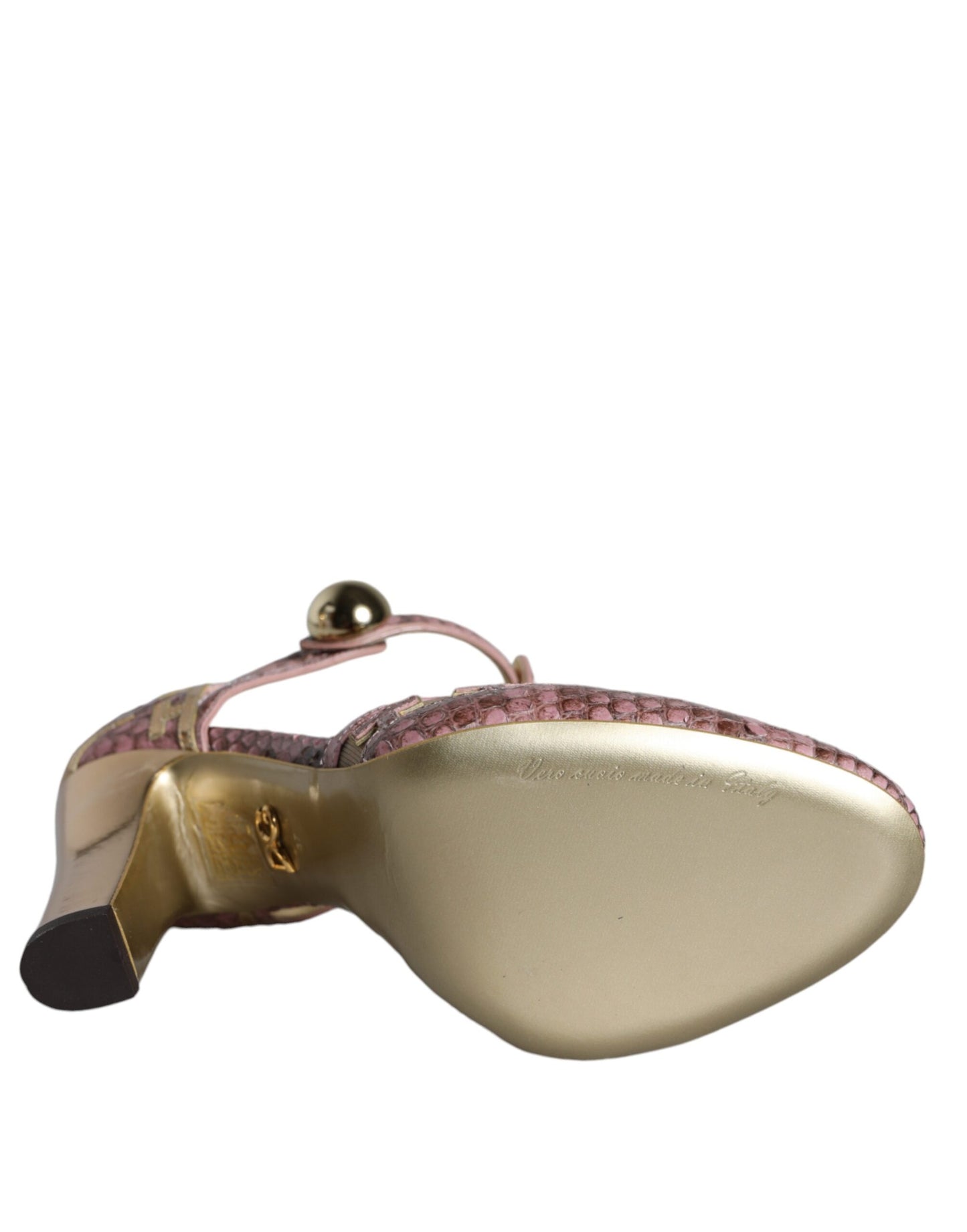Dolce & Gabbana Pink Gold Leather Pumps T-strap Sandals Shoes Curated Luxury Accessories by Orvyn