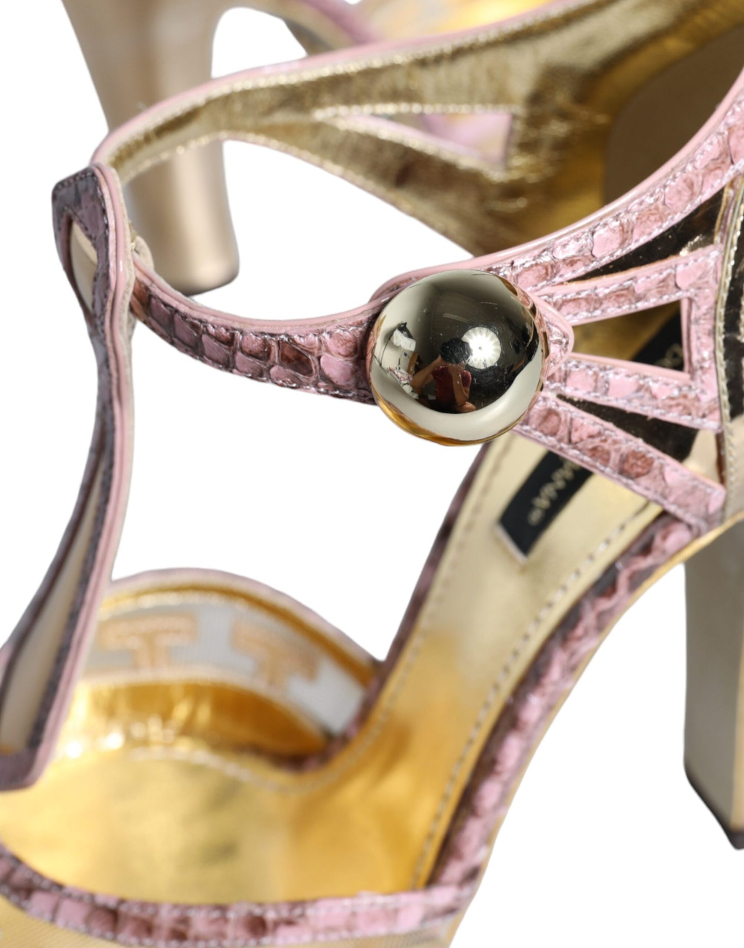 Dolce & Gabbana Pink Gold Leather Pumps T-strap Sandals Shoes Curated Luxury Accessories by Orvyn