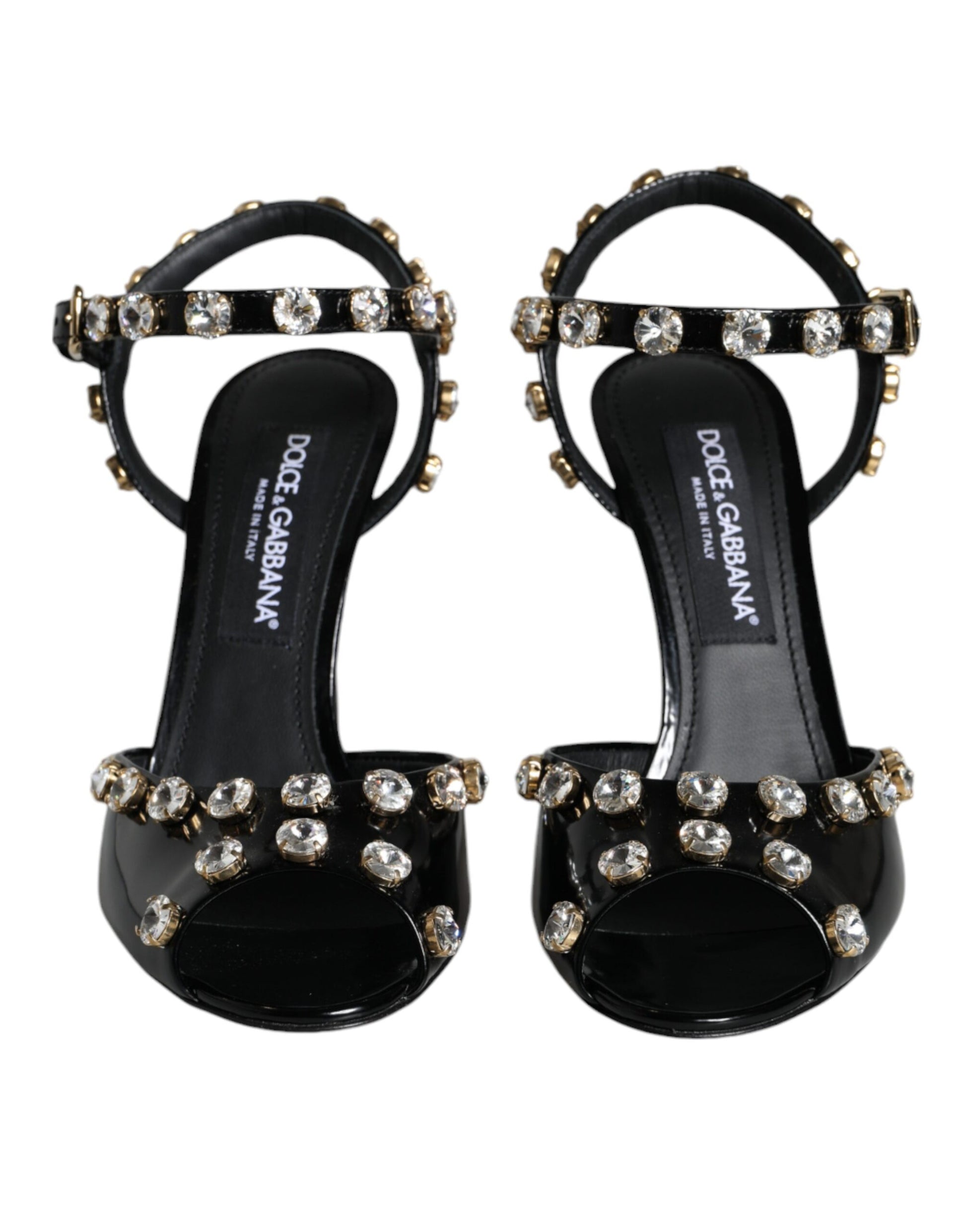 Dolce & Gabbana Black Leather Crystal Ankle Strap Sandals Shoes Curated Luxury Accessories by Orvyn